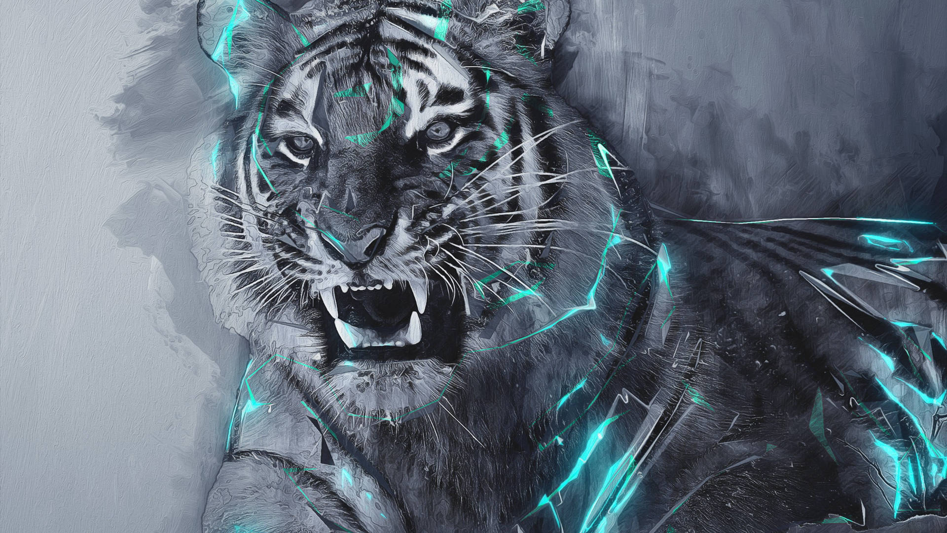 harimau 桌布 壁紙 — 一隻兇猛的老虎咆哮著，發光的青色能量線在其深色皮毛上劈啪作響，背景是煙霧繚繞的灰色。