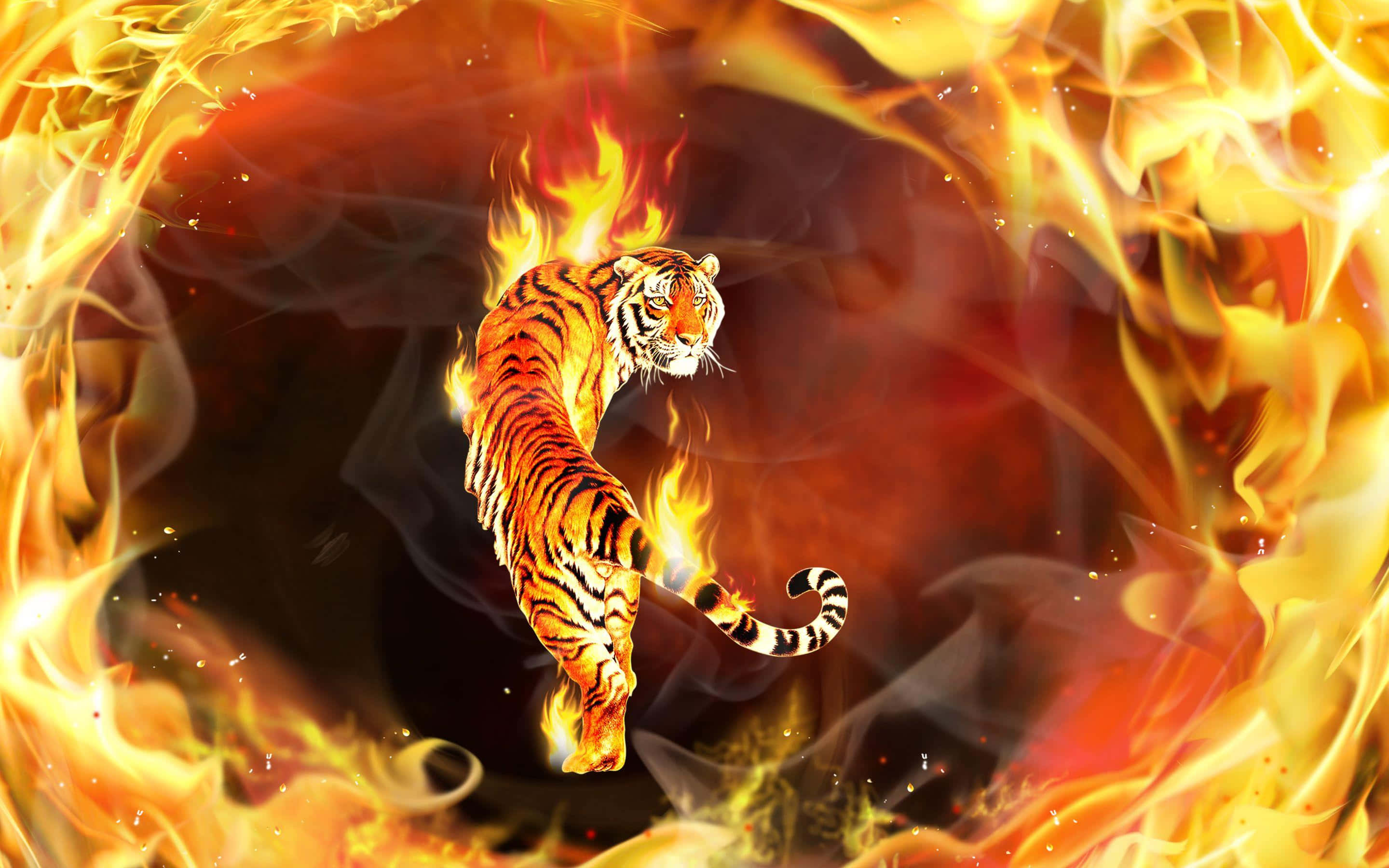 3d Fire 桌布 壁紙 — 一隻兇猛的老虎穿過旋轉的火焰，周圍有發光的餘燼和強烈的橙色光芒。