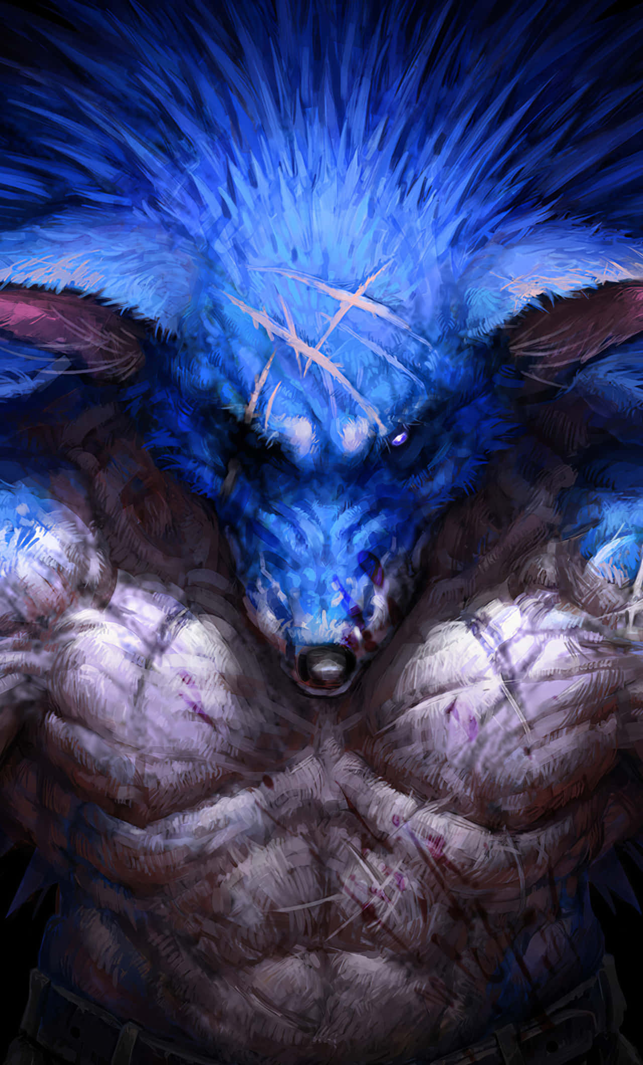 Sonic Fan Art 桌布 壁紙 — 一隻兇猛的藍色毛皮擬人化刺蝟，擁有尖刺和肌肉發達的體格，在黑暗背景下強烈凝視。