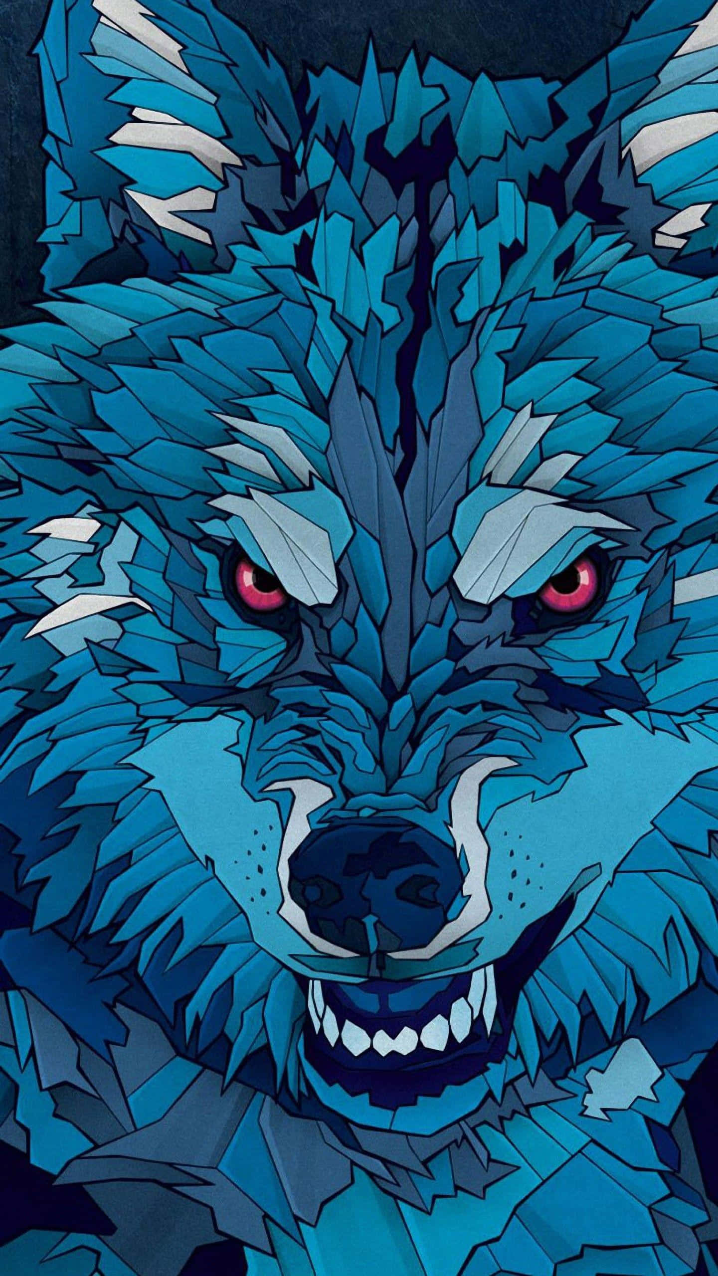 3d Wolf 桌布 壁紙 — 一隻兇猛的藍色水晶狼，眼睛發出紅光，在風格化的數位插圖中咆哮。
