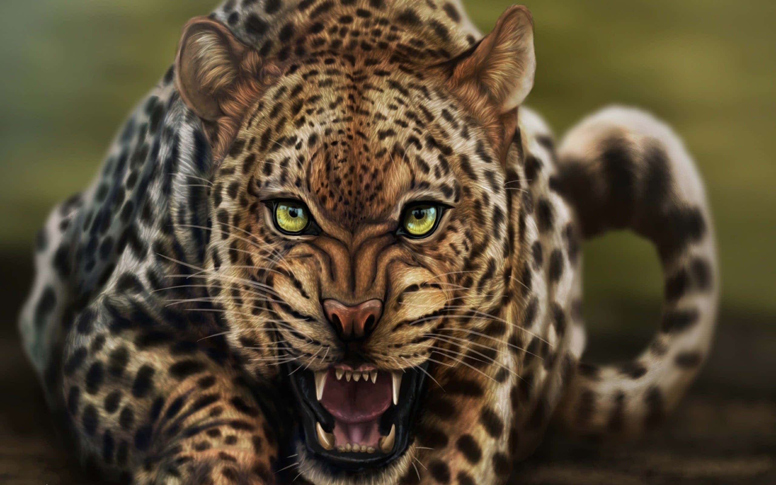 Wild Animals 桌布 壁紙 — 一隻兇猛的豹子，有著發光的綠色眼睛，在模糊的自然環境中兇猛地咆哮。