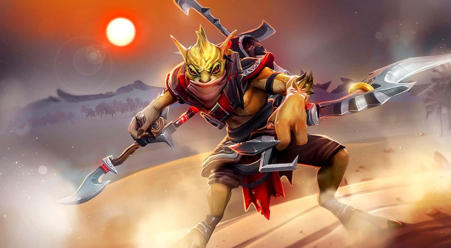 Dota 桌布 壁紙 — 一隻兇猛的貓戰士，金色毛髮和紅色裝備，在熾熱的夕陽背景下揮舞雙刃衝鋒。