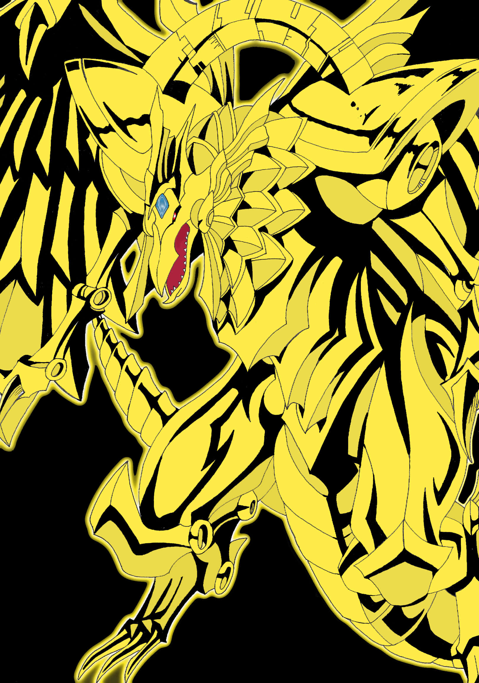 The Winged Dragon Of Ra 桌布 壁紙 — 一隻兇猛的金色龍，帶有鋒利的幾何鱗片和發光的藍色眼睛，在純黑色背景上咆哮。
