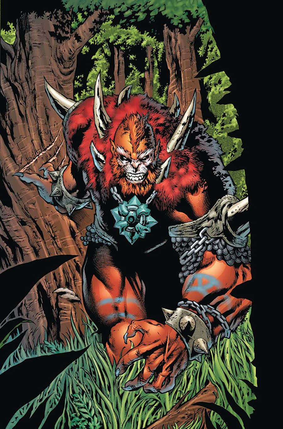 Masters Of Evil 桌布 壁紙 — 一隻兇猛的長角野獸，擁有紅色毛皮和尖刺盔甲，從黑暗的森林中出現，爪子伸出，姿態威嚇。