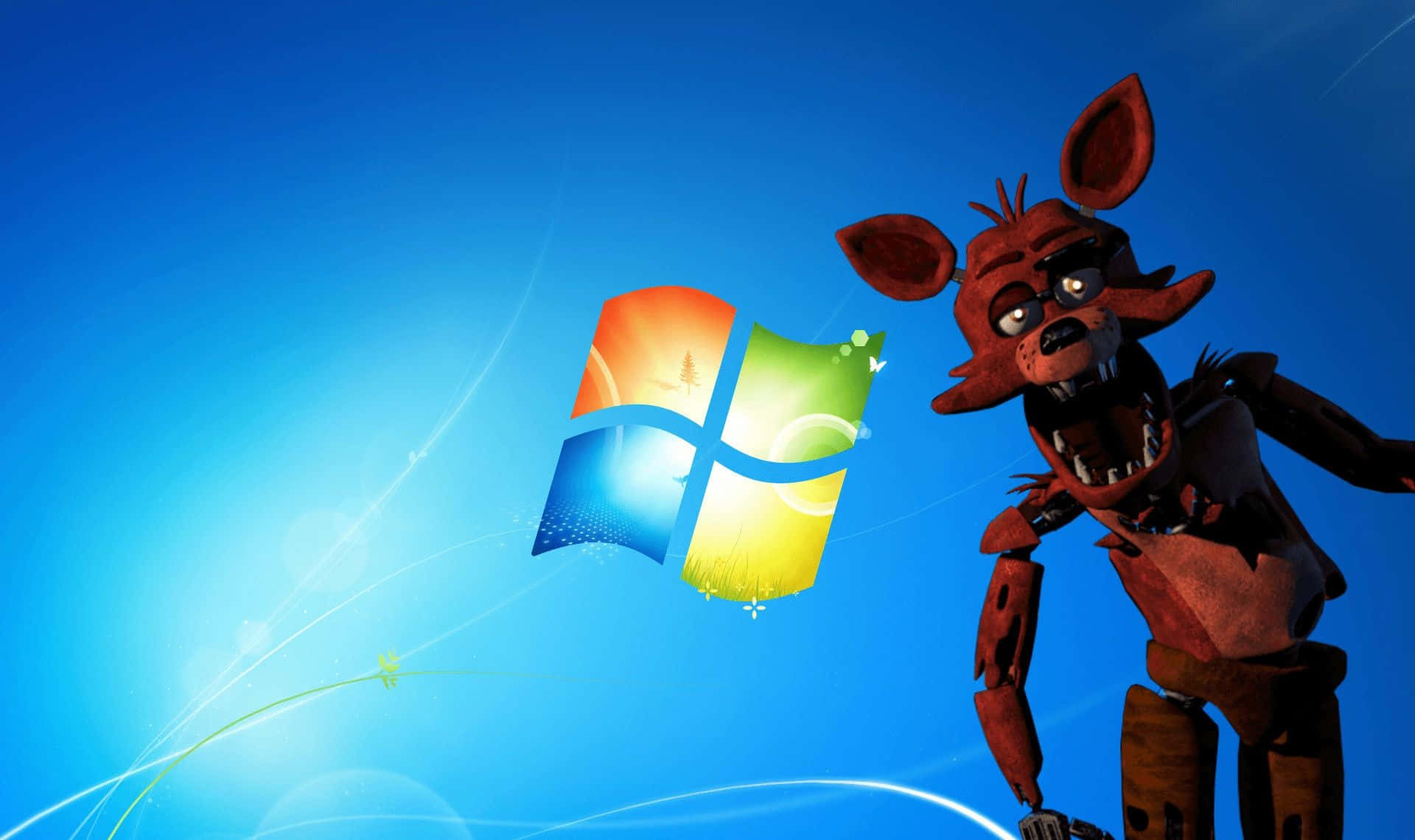 Foxy The Pirate 桌布 壁紙 — 一隻兇猛的電子動畫狐狸站在充滿活力的Windows標誌背景前，背景帶有發光的藍色漸變和旋轉的光跡。