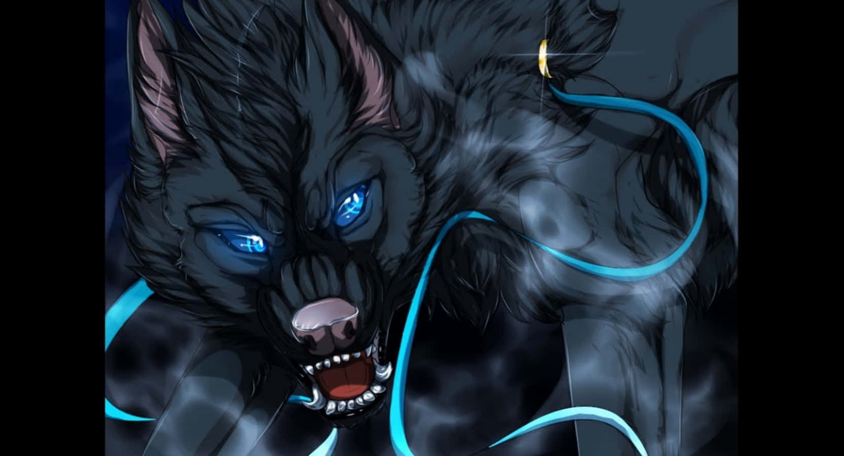anime wolf 桌布 壁紙 — 一隻兇猛的黑狼，眼睛發出藍光，電藍色的能量在牠周圍噼啪作響，發出威脅性的咆哮。