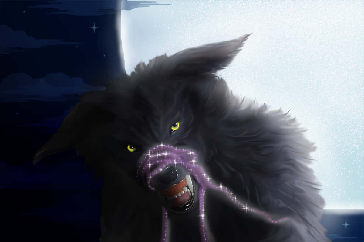 Mythical Wolf 桌布 壁紙 — 一隻兇猛的黑狼，眼睛發出黃光，咬著一條閃閃發光的紫色繩索，背景是滿月和星空。