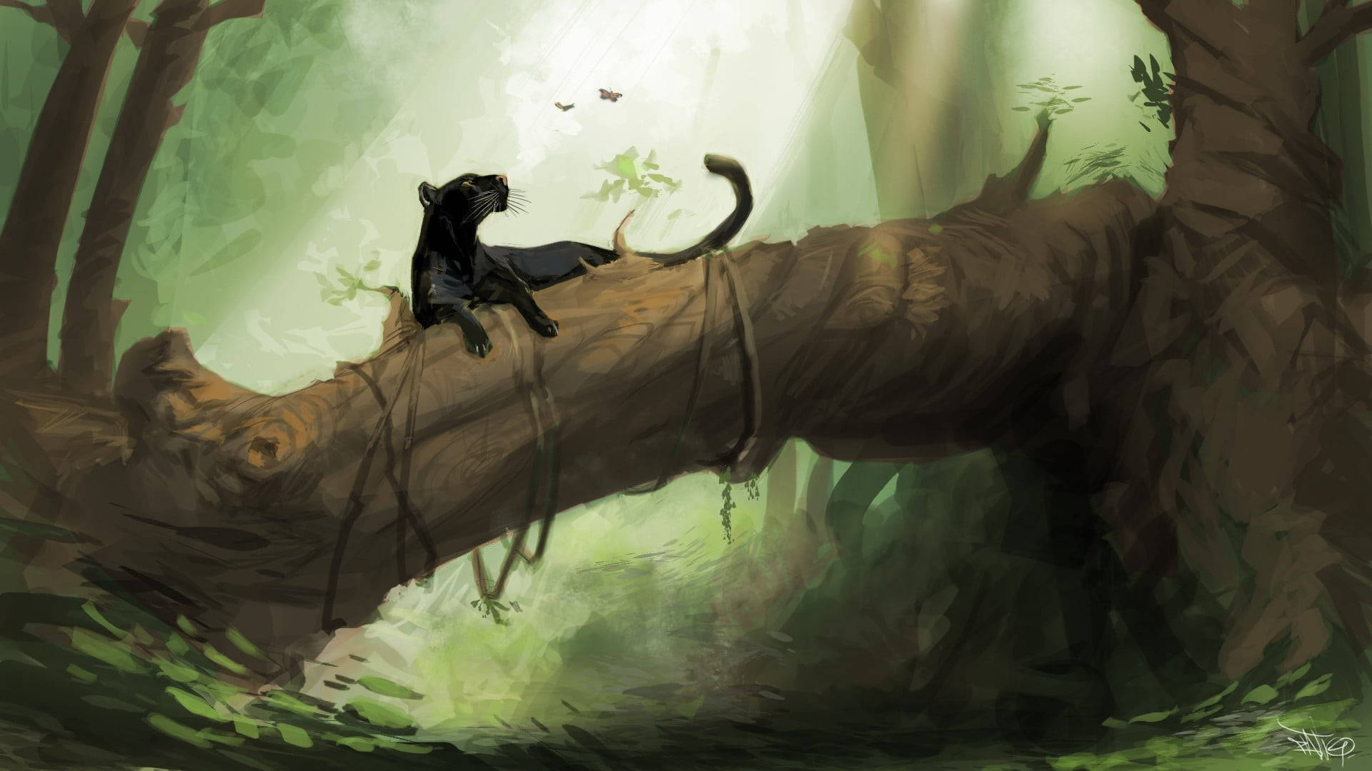 panther 桌布 壁紙 — 一隻光滑的黑豹躺在一條長滿苔蘚的倒下的木頭上，身處陽光斑駁、霧氣瀰漫的森林中，附近有蝴蝶翩翩飛舞。
