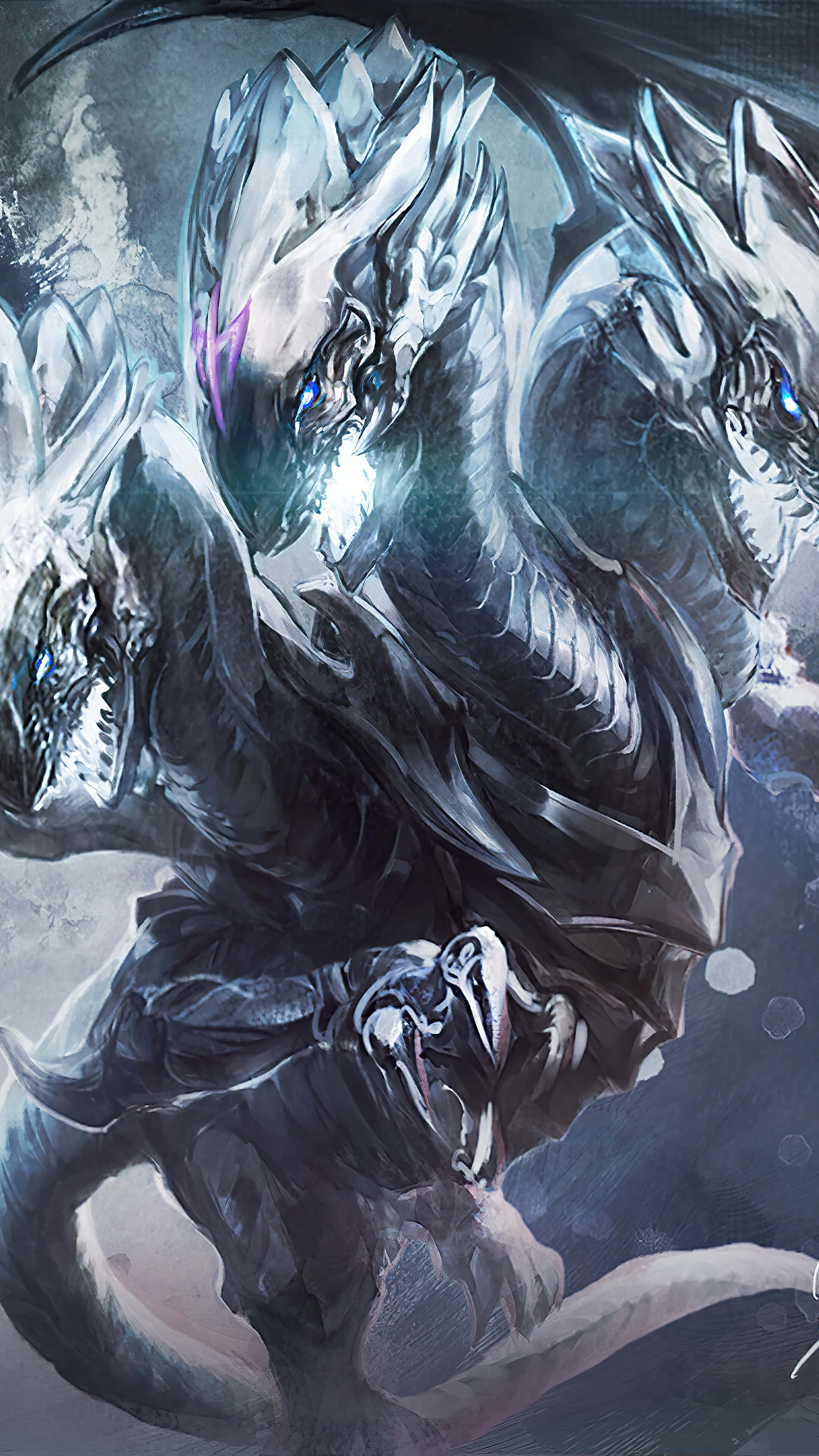 Yugioh Dragons 桌布 壁紙 — 一隻具有冰鱗和發光藍眼睛的威脅性三頭龍，在暴風雨般的灰色背景下咆哮。