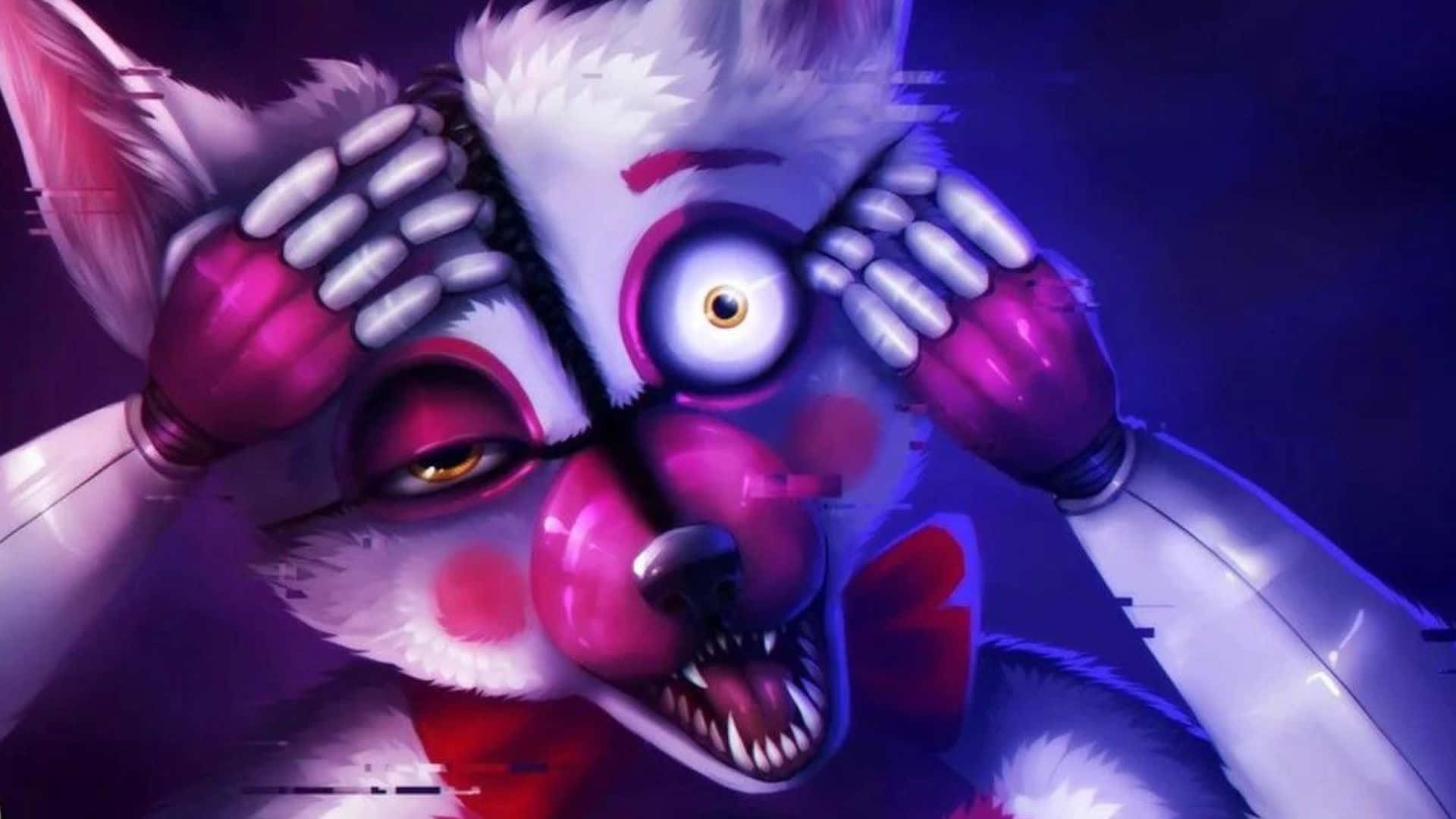 Fnaf Sister Location 桌布 壁紙 — 一隻出現故障的電子狐狸，一隻眼睛暴露，雙手遮臉，背景為深紫色。
