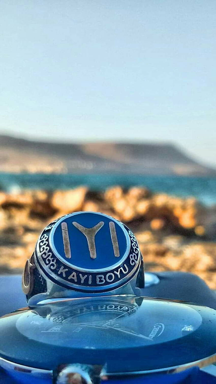 Bokeh 桌布 壁紙 — 一隻刻有「KAYI BOYU」的藍銀色戒指，放在光滑的藍色表面上，背景是模糊的海岸景色。