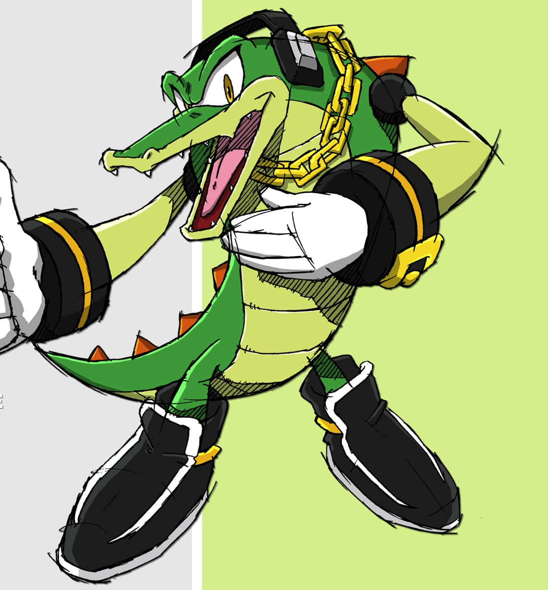 Vector The Crocodile 桌布 壁紙 — 一隻動態卡通鱷魚，戴著金鏈和黑色靴子，擺出戰鬥姿勢，背景是灰色和綠色分割的。