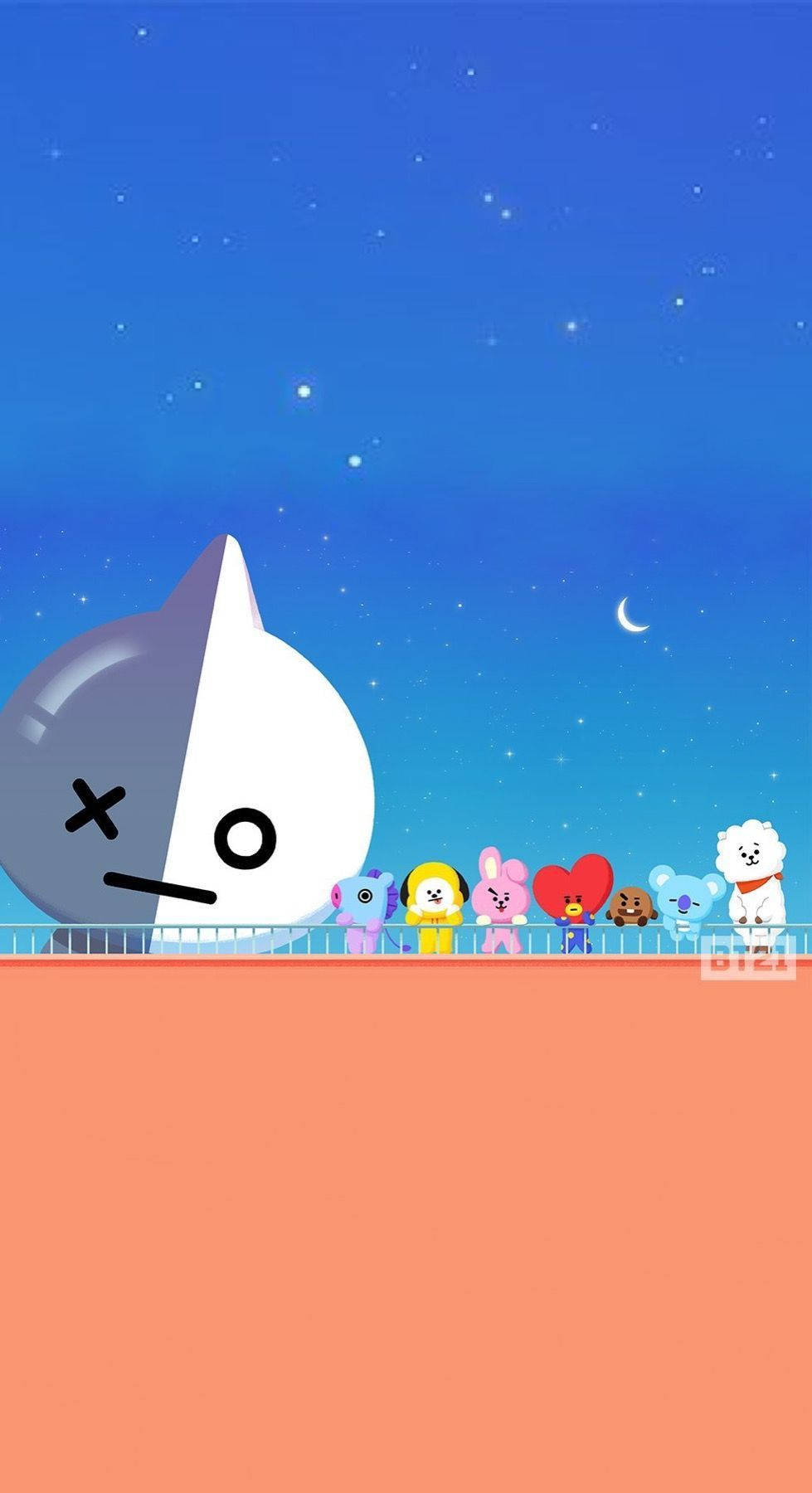 BT21 桌布 壁紙 — 一隻半黑半白的巨型卡通貓咪，帶著X形眼睛，站在一排色彩繽紛的BT21角色旁邊，背景是繁星點點的夜空和一彎新月。