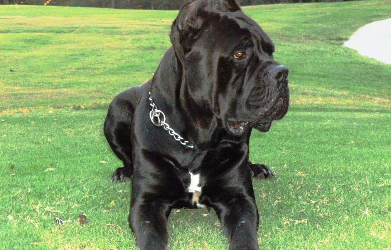 一隻卡內羅索幼犬凝視地平線 壁紙 — 一隻威嚴的黑色卡斯羅犬戴著鏈條項圈，在明亮的日光下警覺地休息在鮮綠的草地上。