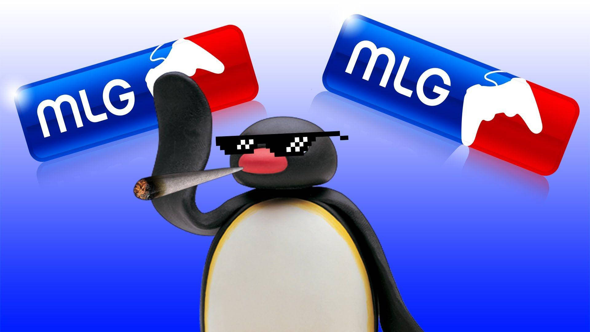 Pingu MLG Thug Life 壁紙 — 一隻卡通企鵝戴著像素化太陽眼鏡吸煙，而MLG標誌漂浮在藍色漸變背景上。