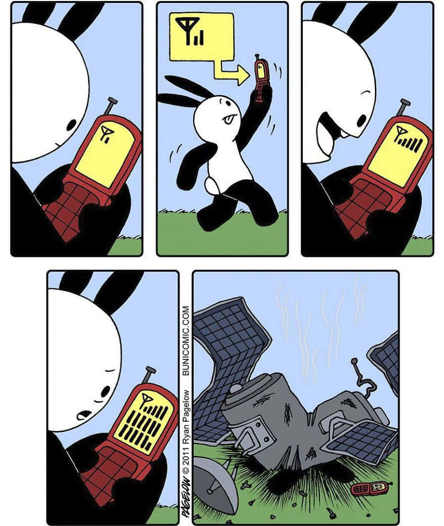 Internet Meme 桌布 壁紙 — 一隻卡通兔興奮地使用紅色電話，直到電話爆炸，露出裡面的衛星天線。