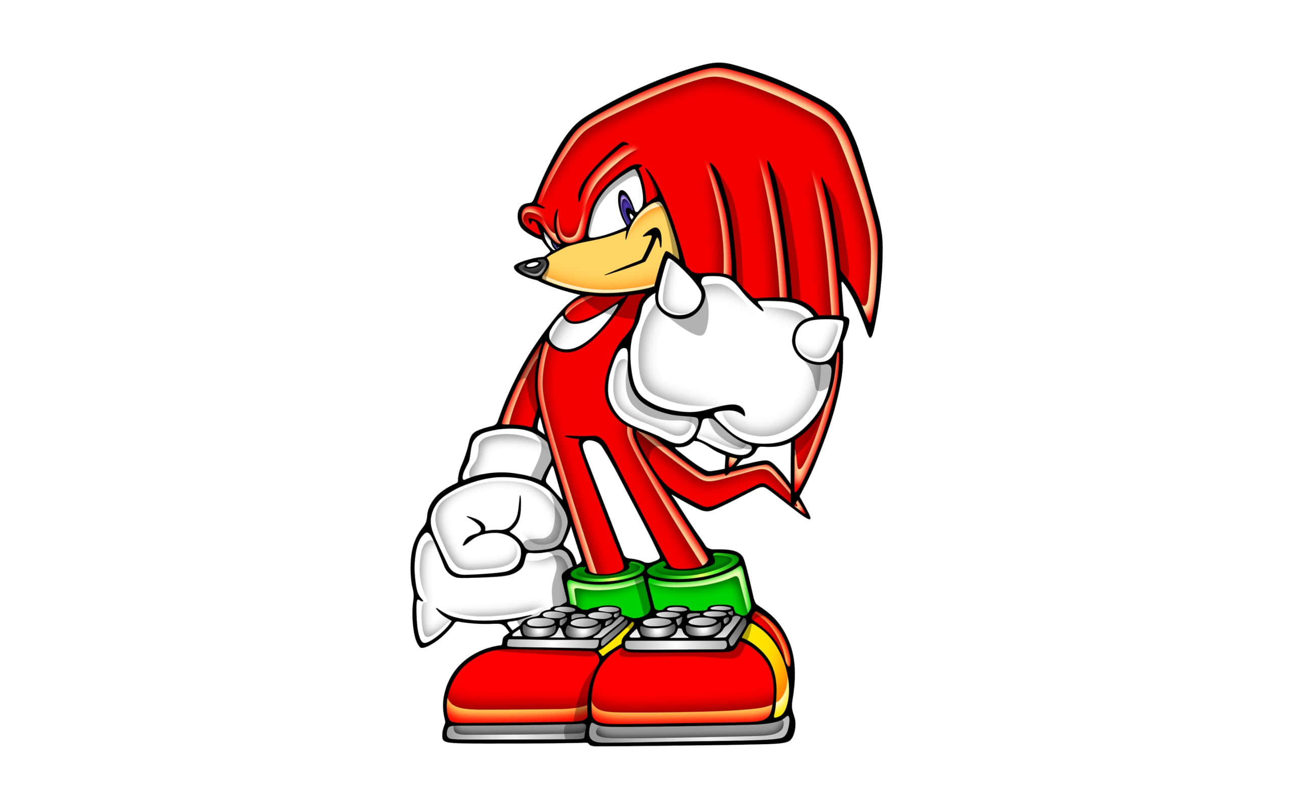 Sonic The Hedgehog Characters 桌布 壁紙 — 一隻卡通刺蝟，有紅色刺和綠色鞋子，自信地站在純白色背景前。