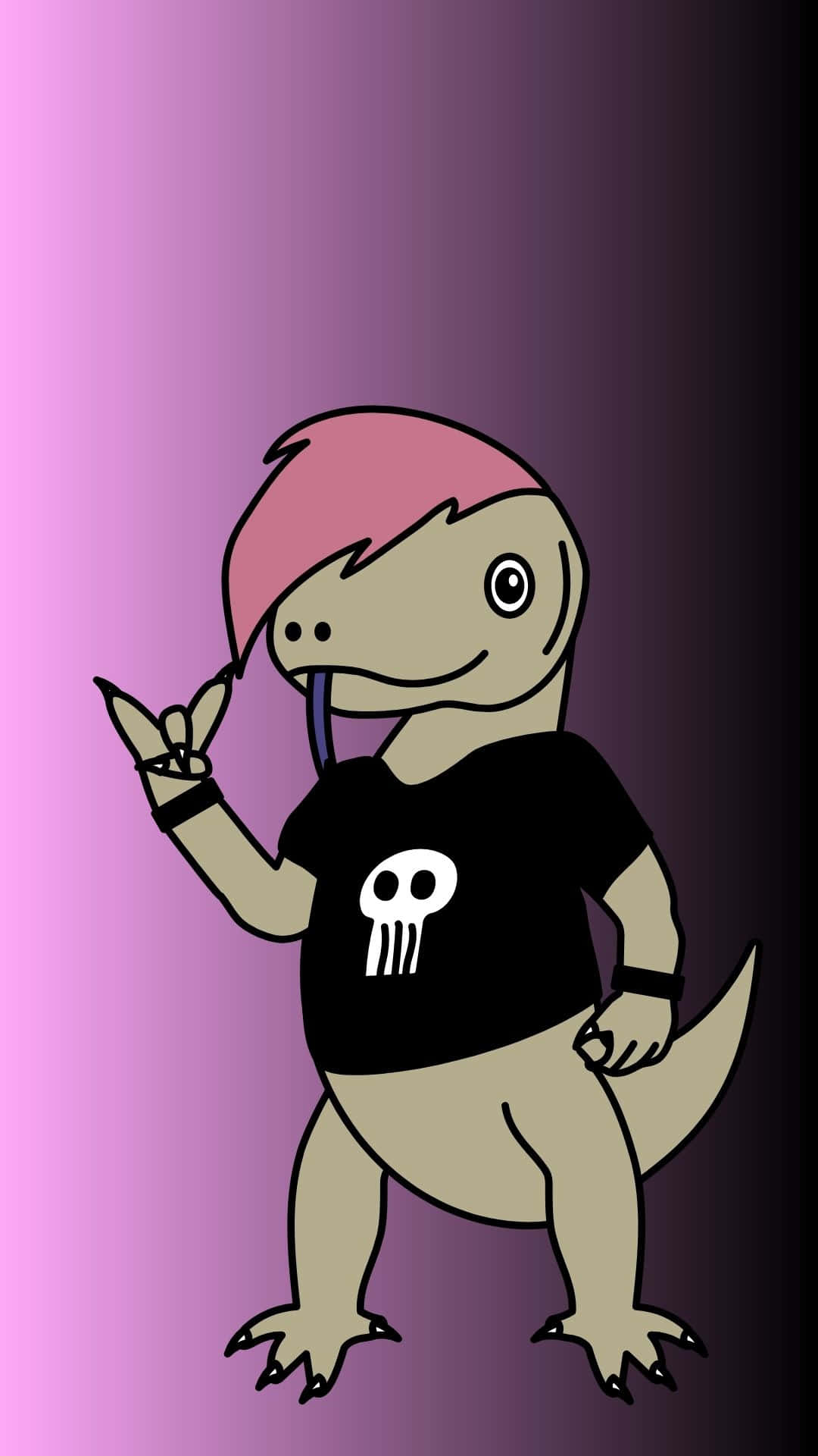 Cute Emo 桌布 壁紙 — 一隻卡通恐龍，粉紅色頭髮，穿著骷髏T恤，在紫色漸變背景前做出搖滾手勢。