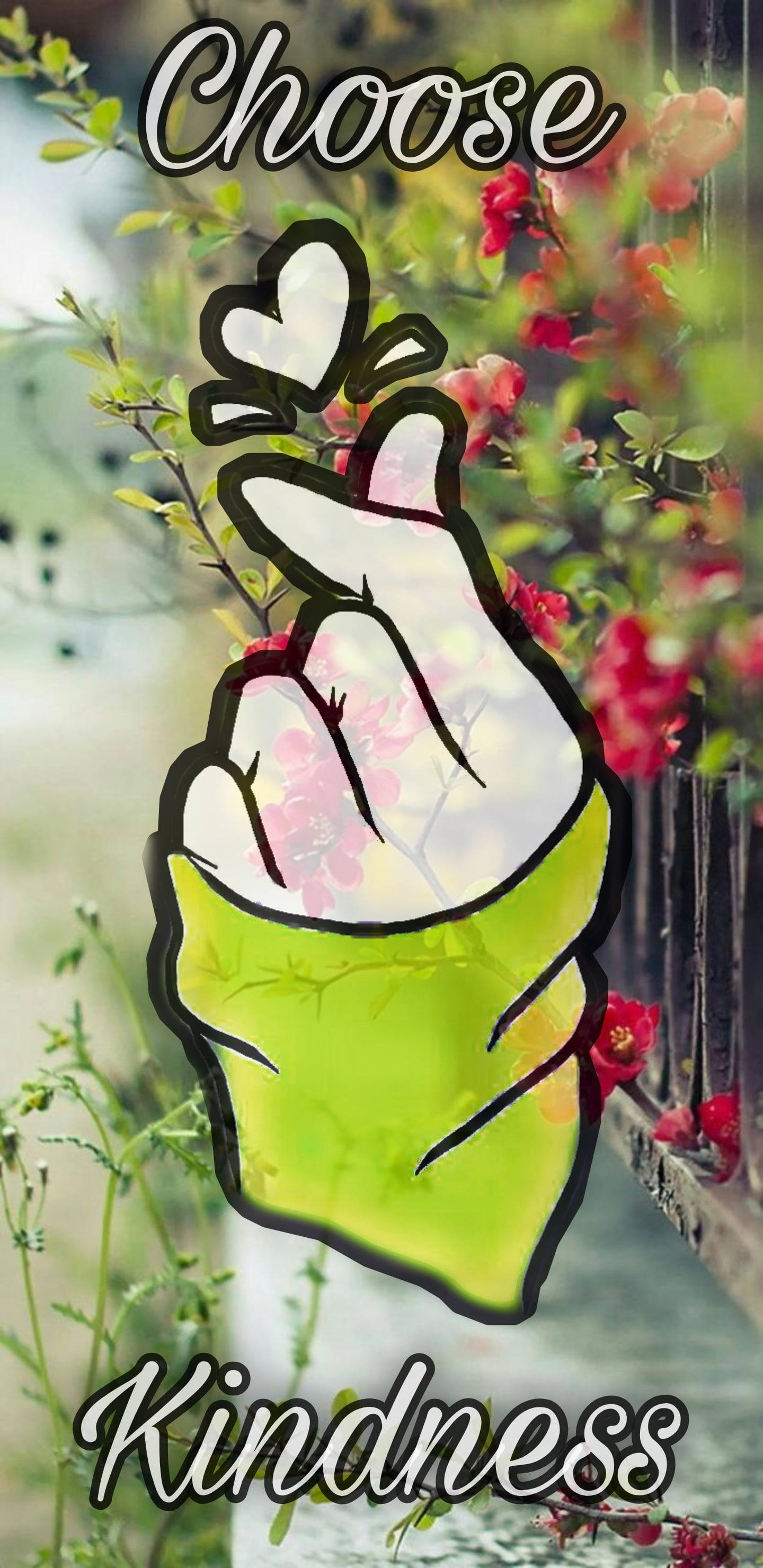 good morning heart 桌布 壁紙 — 一隻卡通手在盛開的紅花上做出心形手勢，並帶有「選擇善良」的字樣。