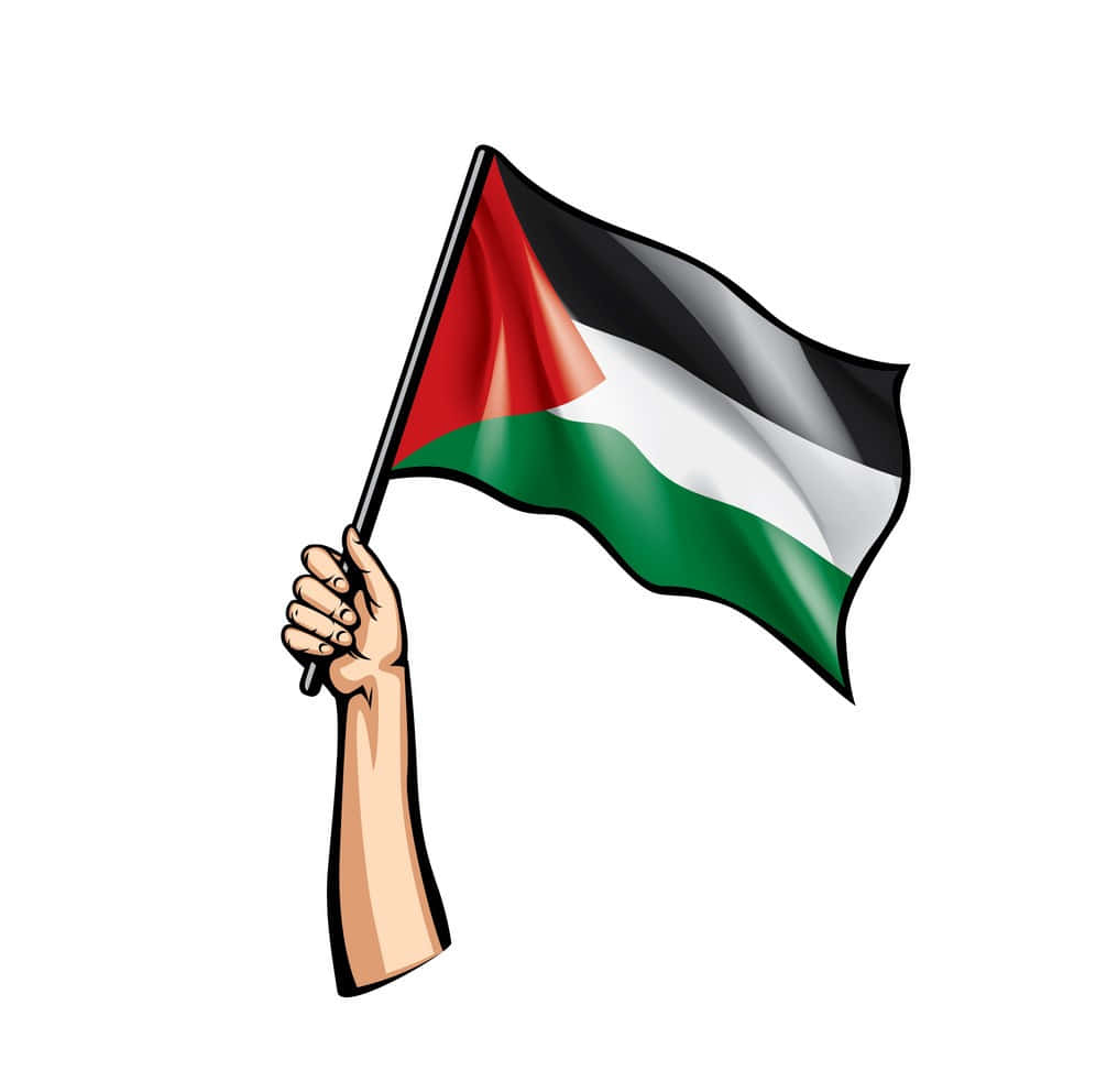 Palestine 桌布 壁紙 — 一隻卡通手舉著一面飄揚的巴勒斯坦國旗，旗上有紅、黑、白、綠條紋，背景為純白色。