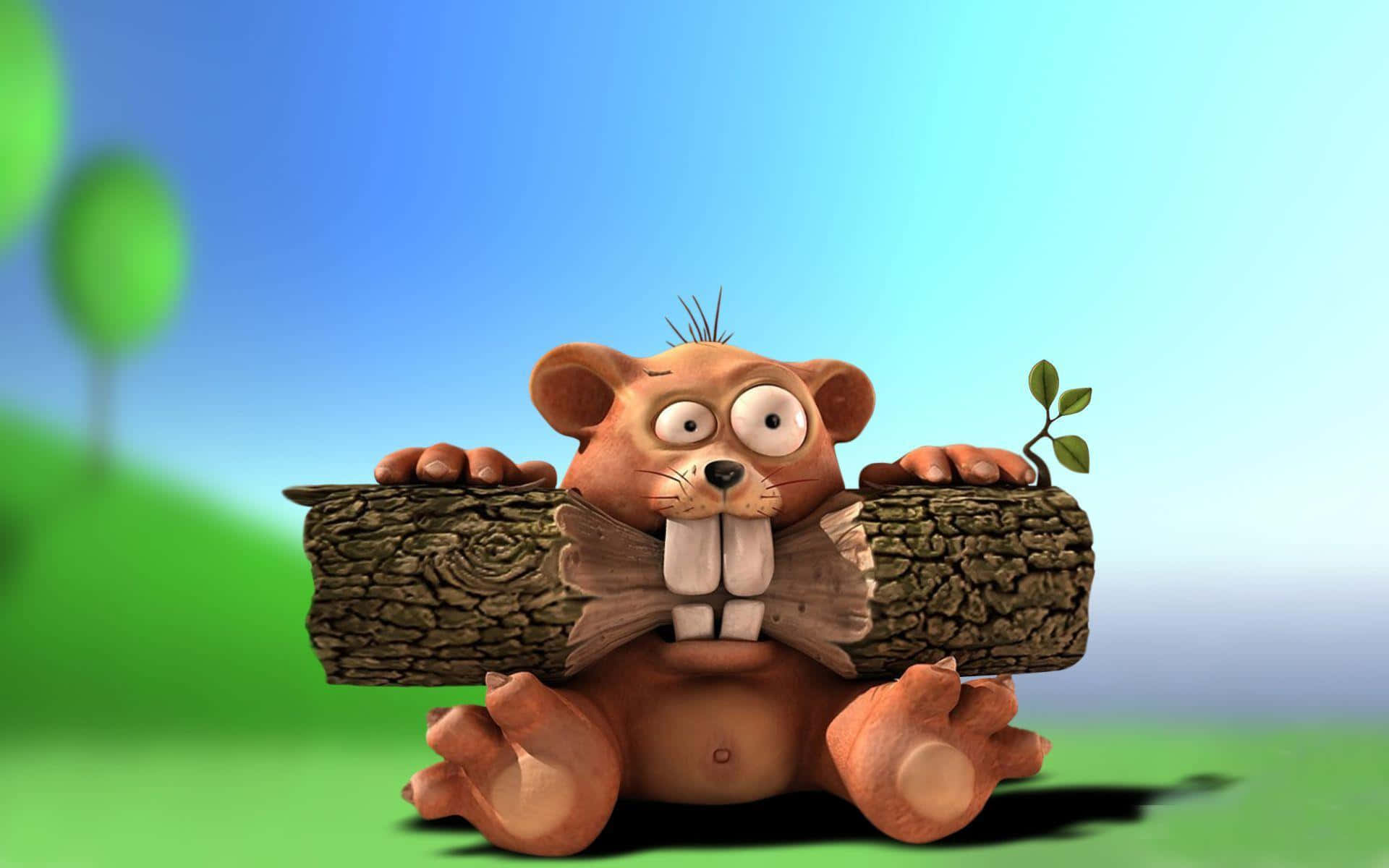 Funny Characters 桌布 壁紙 — 一隻卡通海狸長著巨大的牙齒，扛著一根長出嫩芽的木頭，背景是明亮的藍天和綠色的山丘。