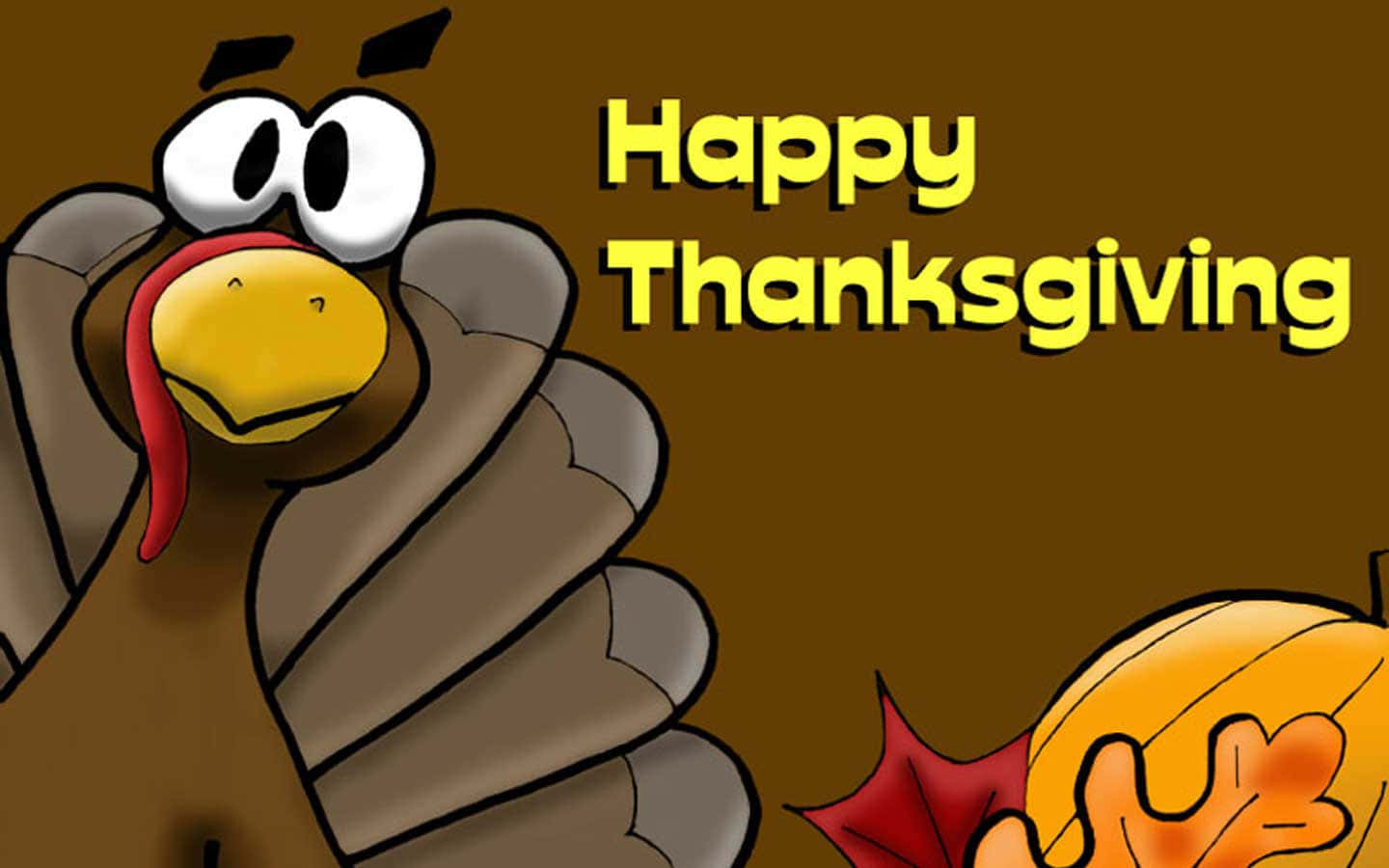 Happy Thanksgiving 桌布 壁紙 — 一隻卡通火雞，眼睛睜大，旁邊有一個南瓜，背景是棕色，還有歡快的黃色文字。