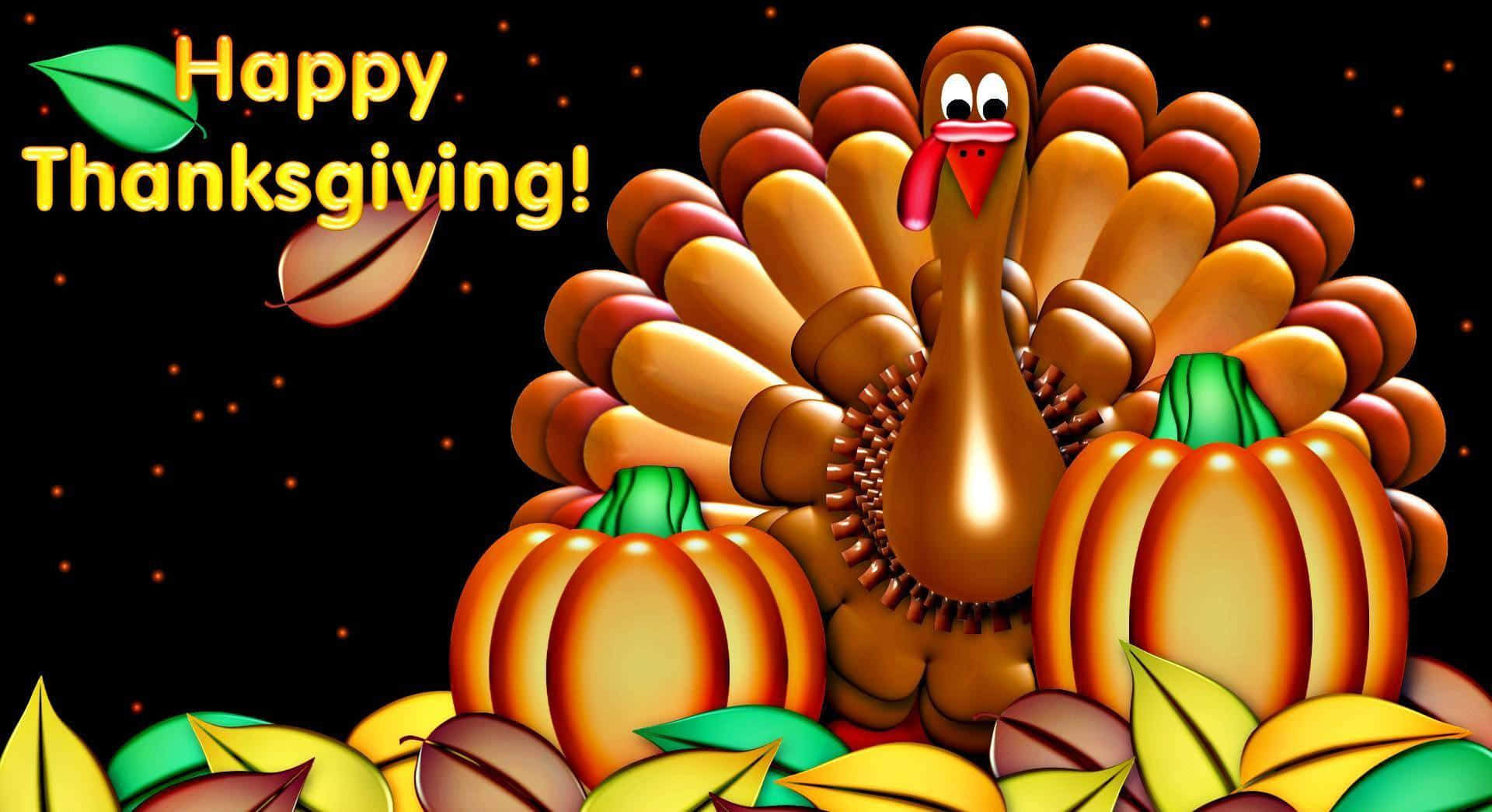 Happy Thanksgiving 桌布 壁紙 — 一隻卡通火雞展開扇形尾巴，在星空夜晚背景下自豪地站在南瓜和秋葉之間。