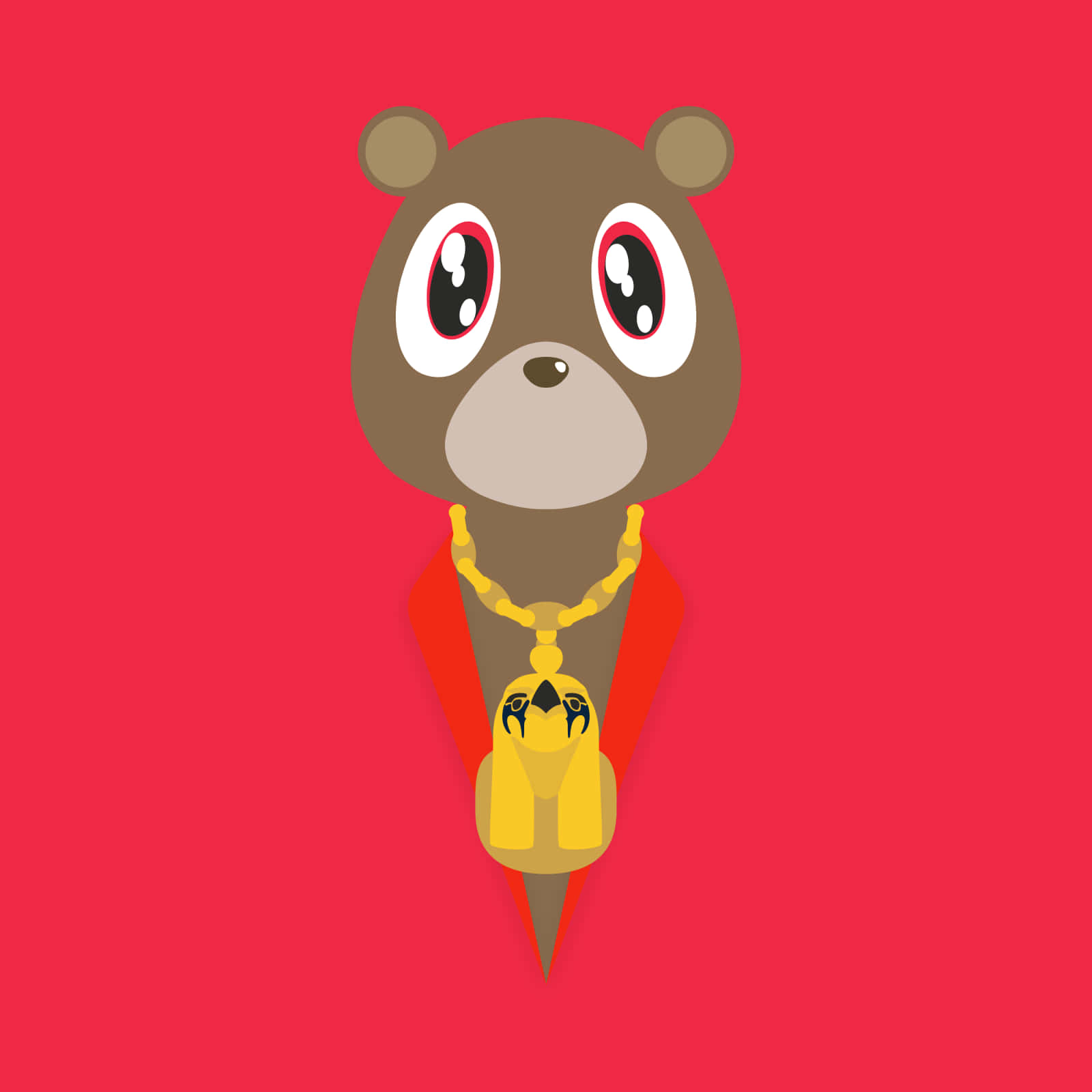 《My Beautiful Dark Twisted Fantasy》 壁紙 — 一隻卡通熊，眼睛超大，戴著金鏈項鍊，背景是純紅色。
