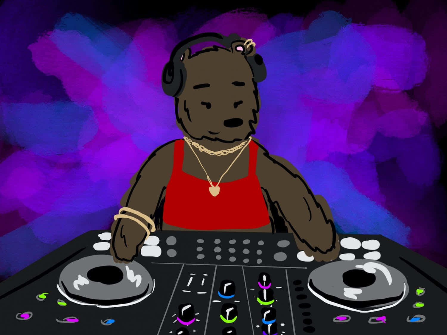 DJ 桌布 壁紙 — 一隻卡通熊DJ穿著紅色上衣和耳機，在紫色和藍色煙霧背景下的發光唱盤上混音。