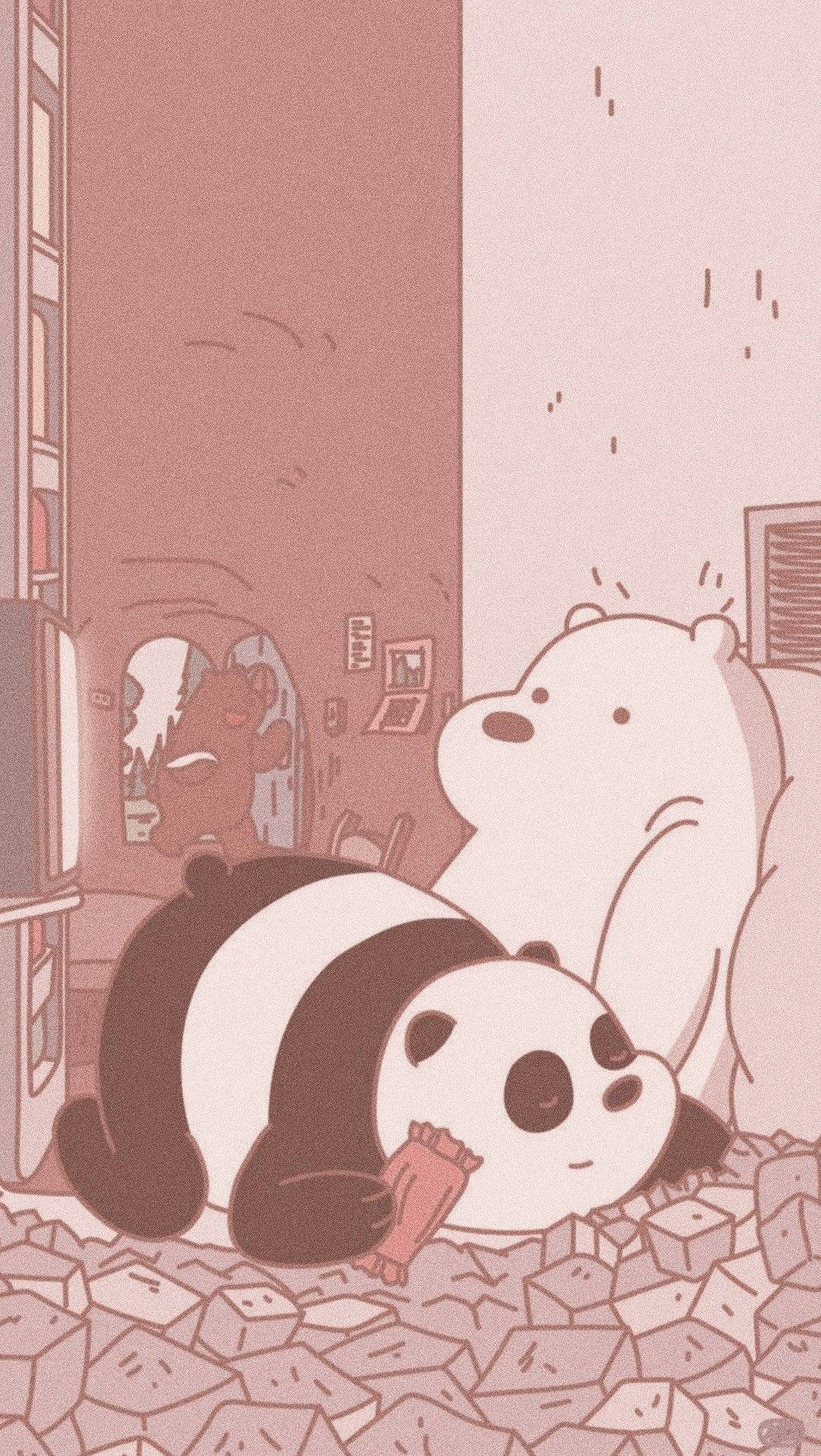 We Bare Bears 桌布 壁紙 — 一隻卡通熊貓和北極熊在一個充滿瓦礫的粉紅色房間裡放鬆，同時吃零食。