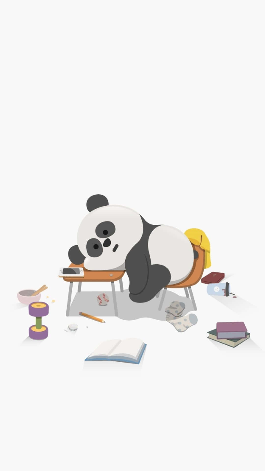 Sleep 桌布 壁紙 — 一隻卡通熊貓喺雜亂嘅書枱上瞓著，周圍係書本、啞鈴同散落嘅學習用品。