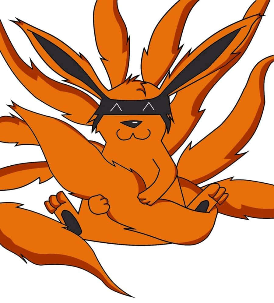Baby Kurama 桌布 壁紙 — 一隻卡通狐狸，有九條橙色尾巴和一個黑色面具，盤腿坐在白色背景前。