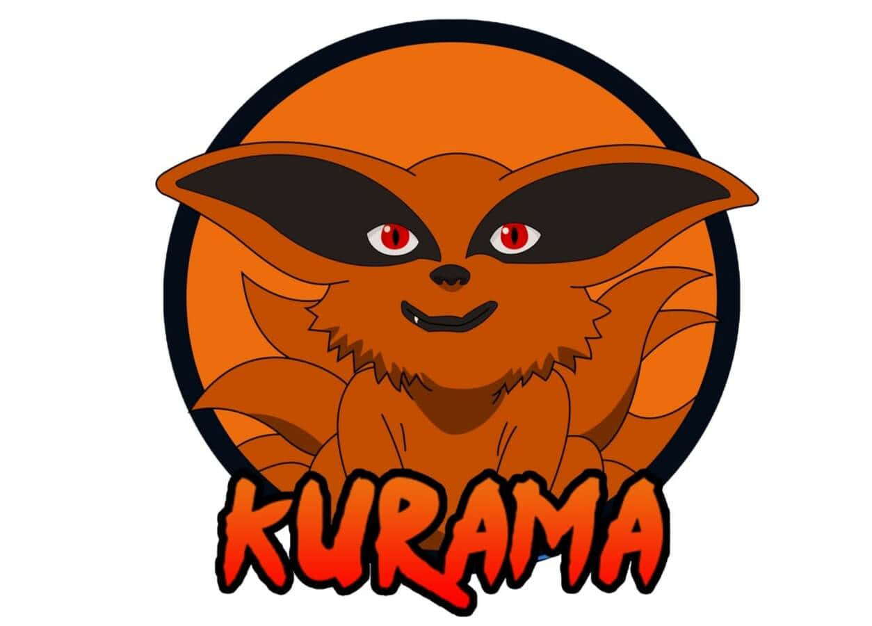 Baby Kurama 桌布 壁紙 — 一隻卡通狐狸，紅眼睛，橙色毛髮，在圓形框架內微笑，下方有名字Kurama。