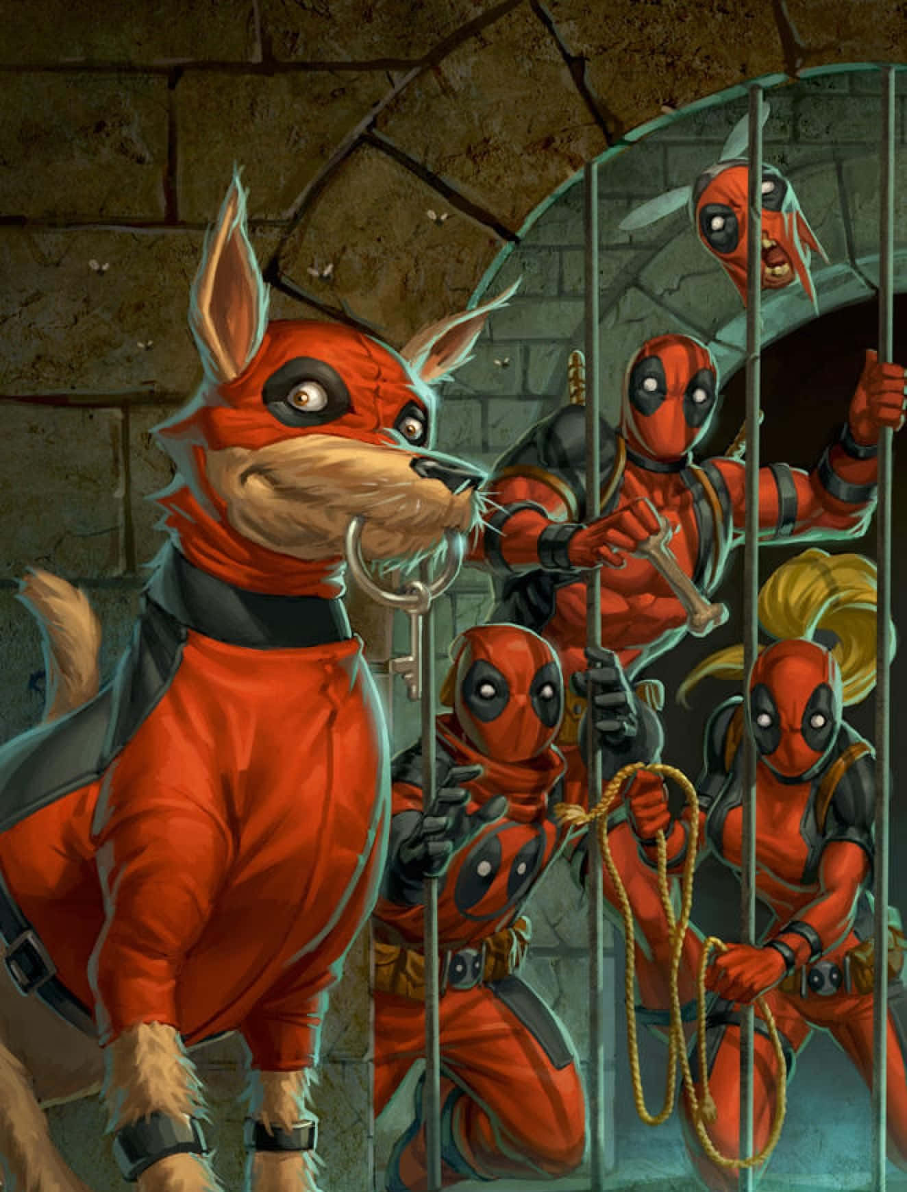 Deadpool Cartoon 桌布 壁紙 — 一隻卡通狗穿著紅色死侍服裝站崗，而多個死侍角色從石頭地牢的欄杆後窺視。