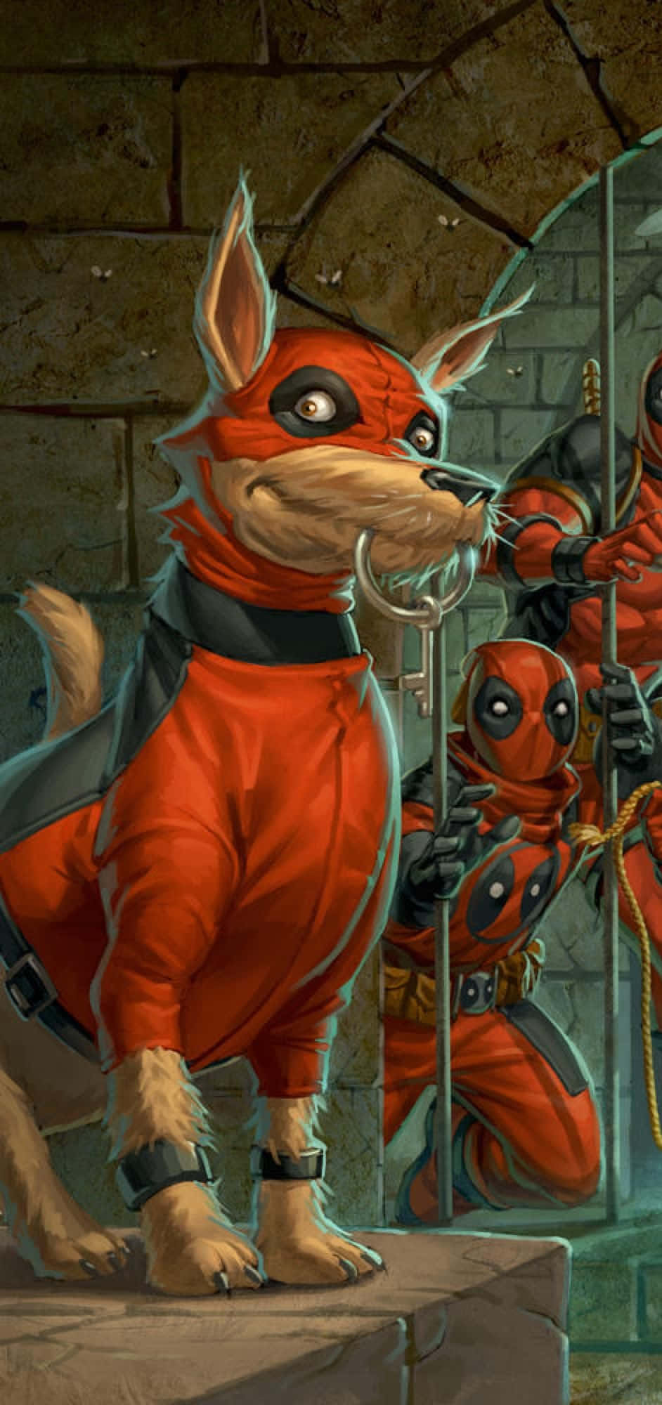 Deadpool And Lady Deadpool 桌布 壁紙 — 一隻卡通狗穿著紅色死侍服裝警覺地站在石頭上，在地牢場景中，另一個死侍角色在鐵欄後可見。