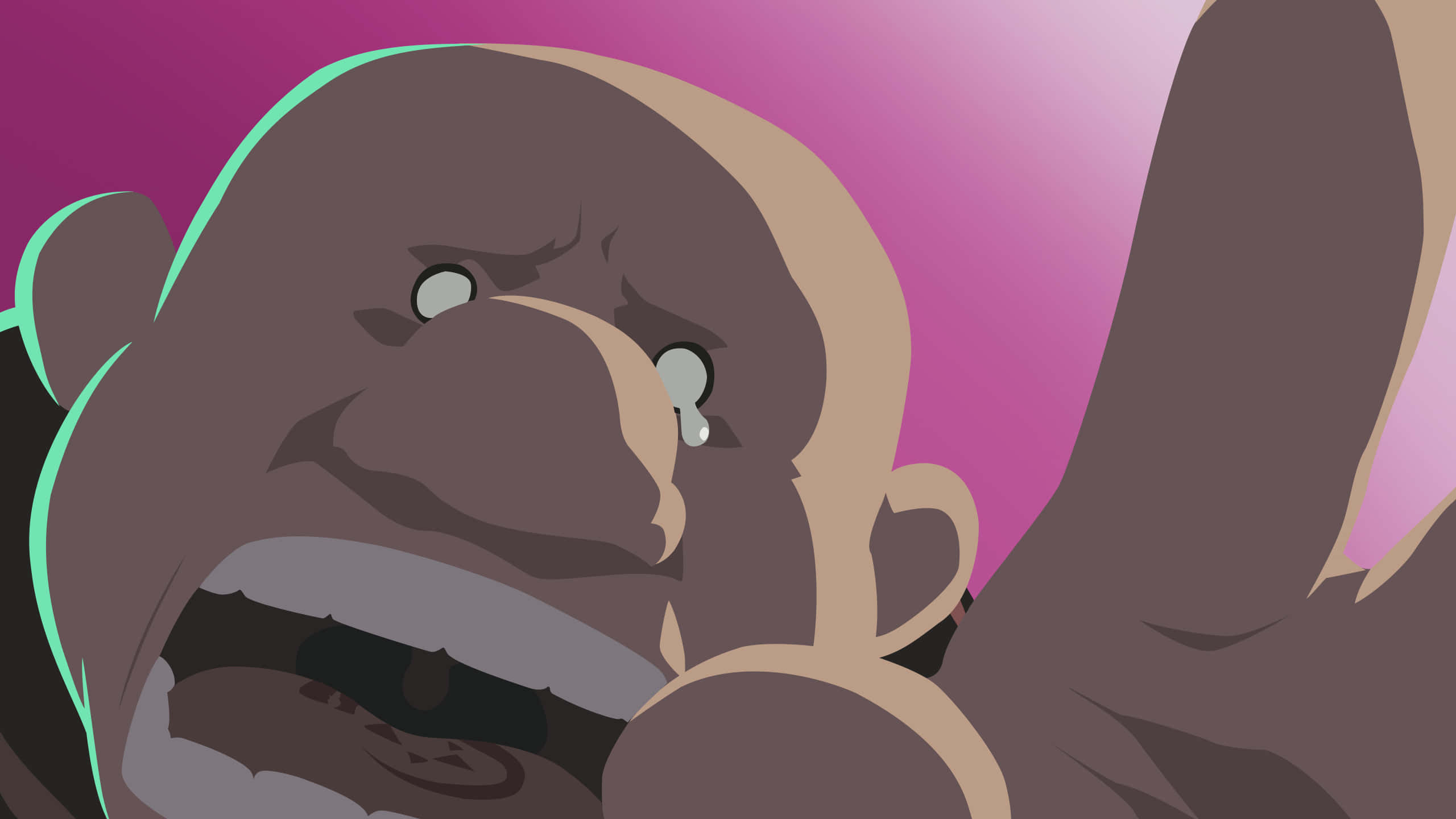 Fullmetal Alchemist Gluttony 桌布 壁紙 — 一隻卡通猴子流著眼淚，張開嘴巴，在粉紅色漸變背景前尖叫。