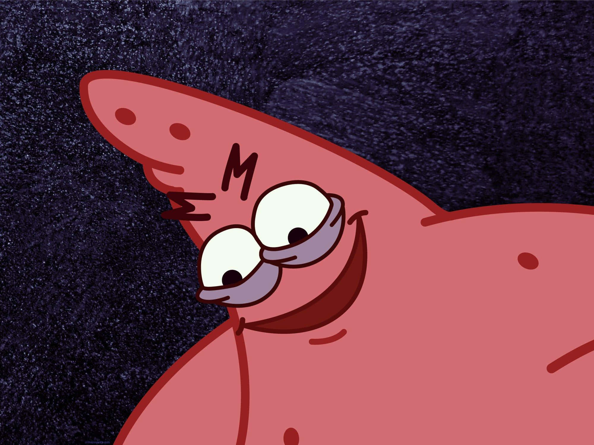 Funny Patrick 桌布 壁紙 — 一隻卡通粉紅海星，睜大眼睛咧嘴笑，背景是深色紋理。