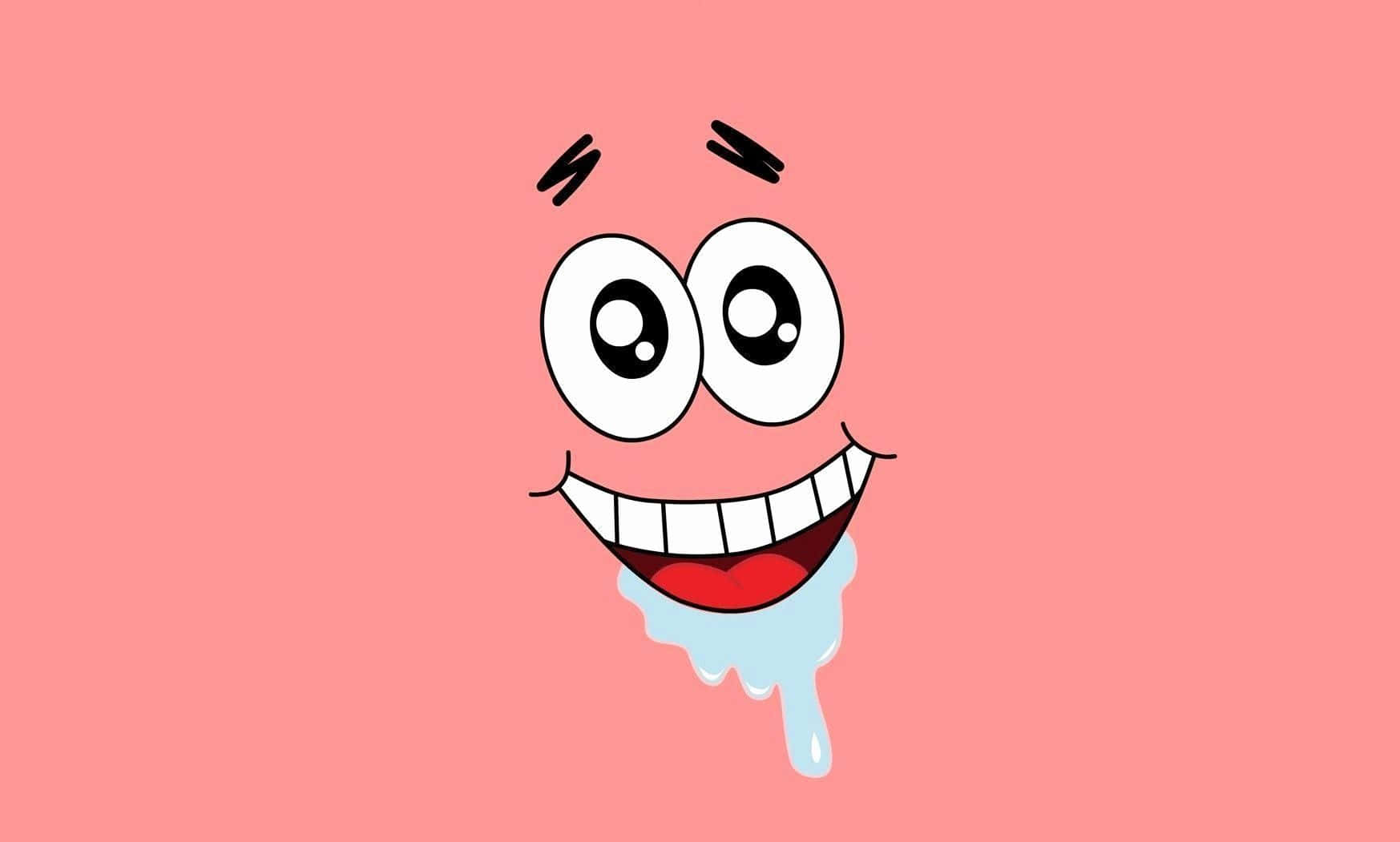 Funny Patrick 桌布 壁紙 — 一隻卡通粉紅色海星，有著大眼睛和燦爛的笑容，從嘴裡滴下冰冷的水，背景是純粉色。