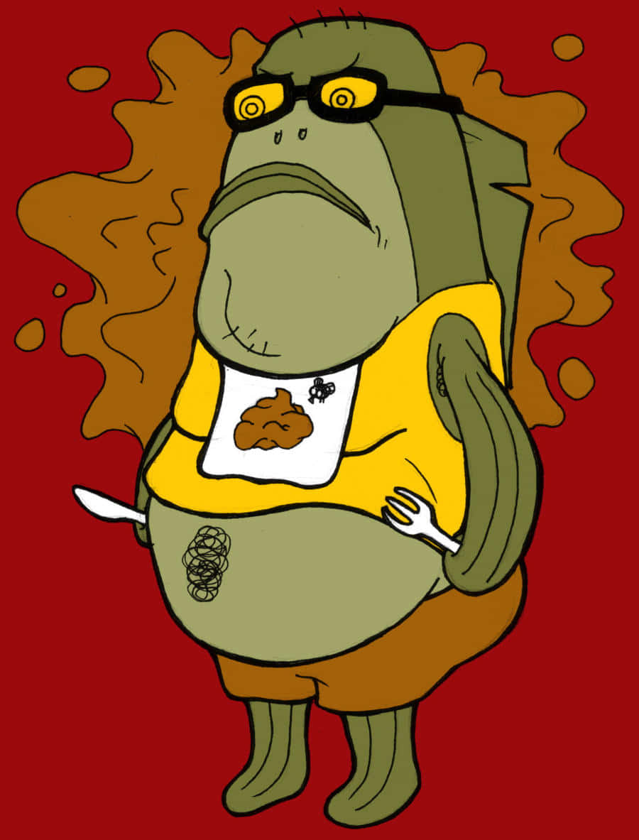 Bubble Bass 桌布 壁紙 — 一隻卡通綠色青蛙戴着黃色眼鏡和印有便便圖案的圍兜，在紅色背景前拿着餐具。