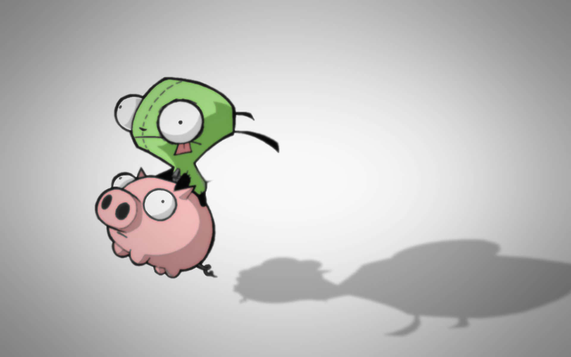 Invader Zim 桌布 壁紙 — 一隻卡通綠色鳥棲息在一隻粉紅色豬上面，背景是純灰色，帶有明顯的陰影。
