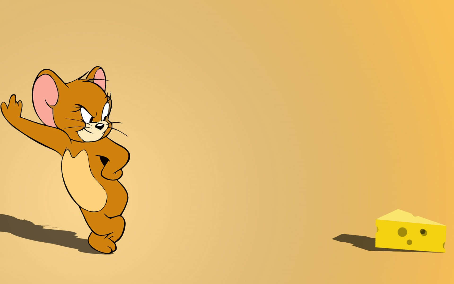 Cute Cartoon Characters 桌布 壁紙 — 一隻卡通老鼠以動態姿勢伸手去拿一塊芝士，背景是溫暖的漸變色。