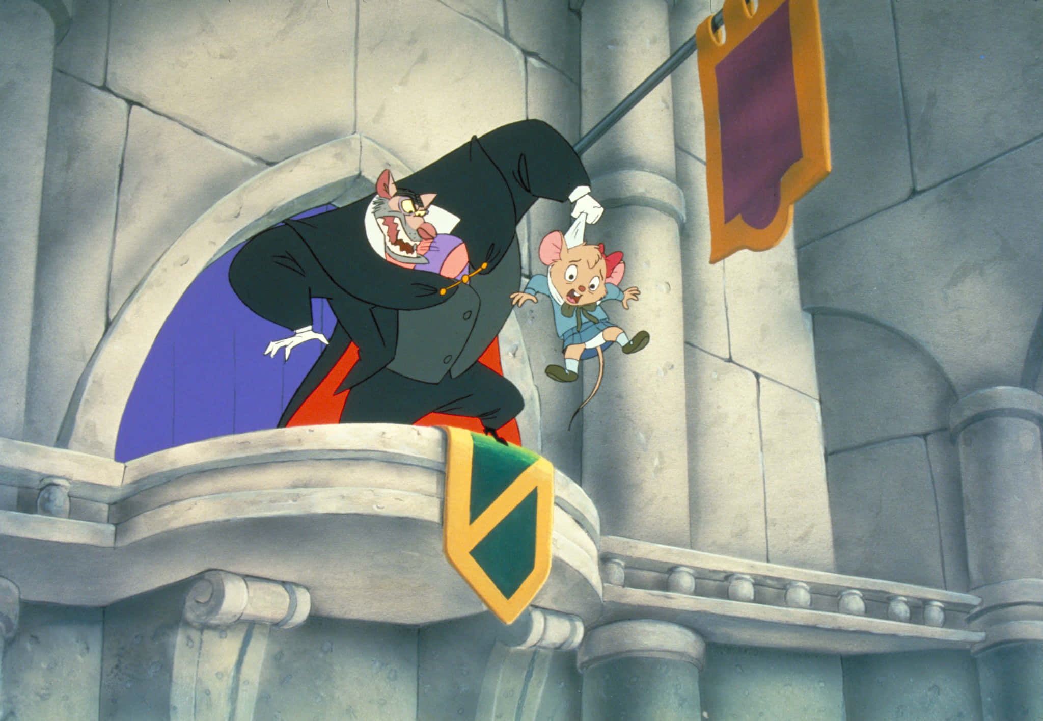 The Great Mouse Detective 桌布 壁紙 — 一隻卡通老鼠英雄喺石城堡露台上跳離一個威脅性嘅老鼠反派。