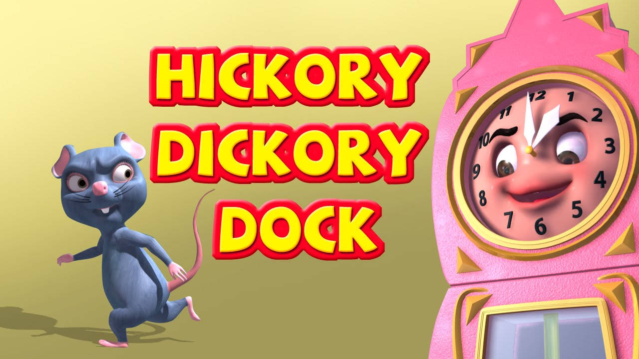 Infobells Hickory Dickory Dock 壁紙 — 一隻卡通老鼠跑過一個微笑的粉紅色時鐘，上面有粗體黃色文字寫著 Hickory Dickory Dock。