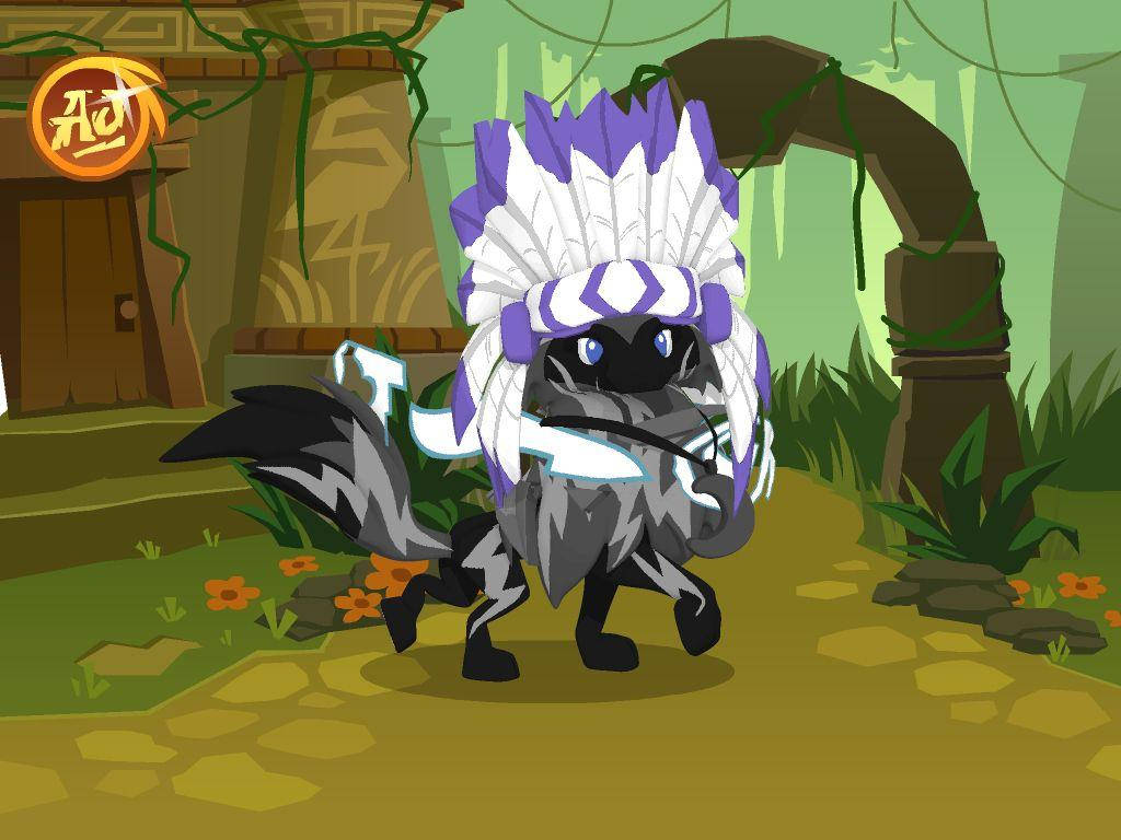 Cute Animal Jam Show 壁紙 — 一隻卡通臭鼬戴著紫白相間的羽毛頭飾，在叢林寺廟中揮舞著發光的劍。