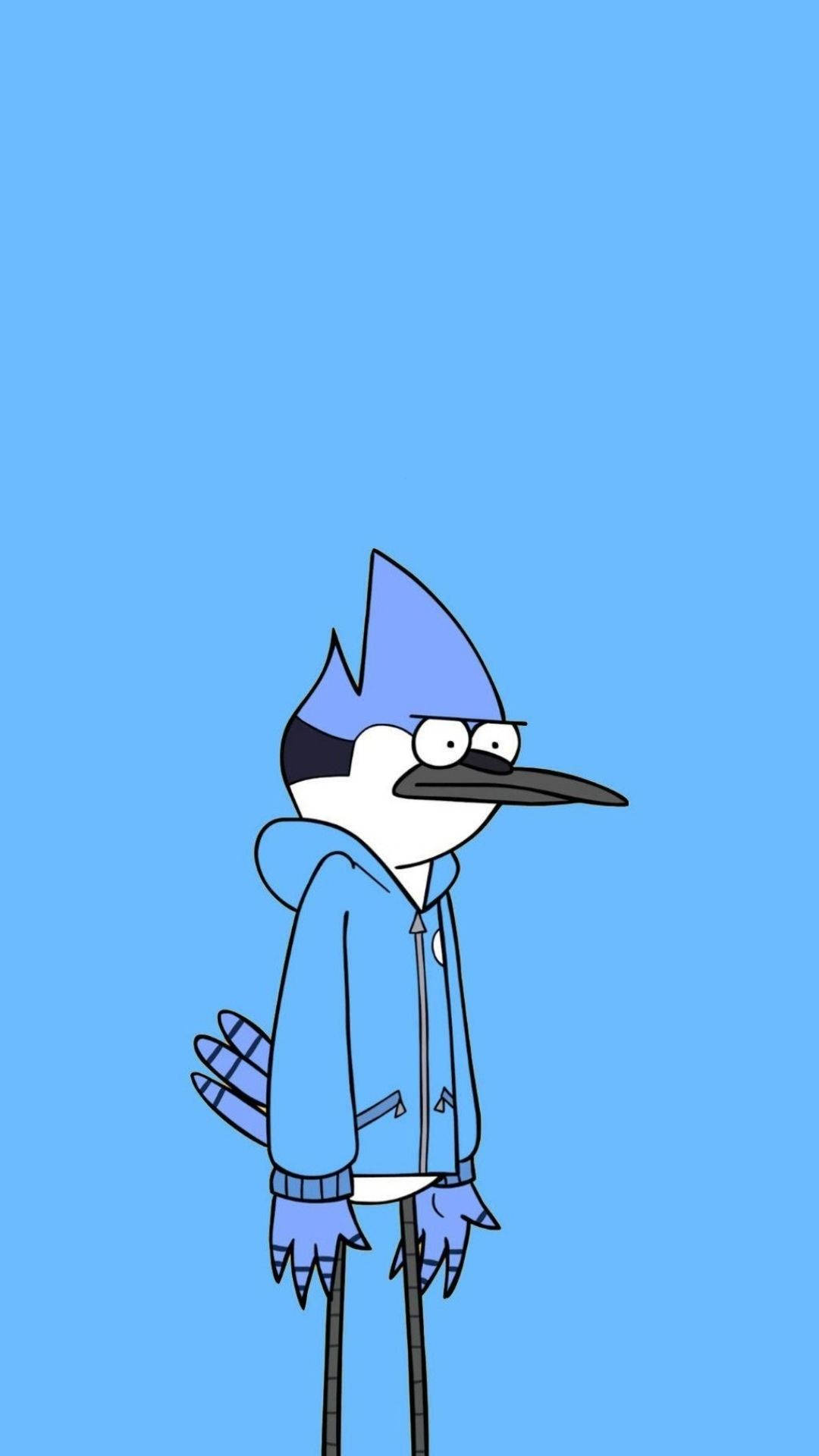 Regular Show Mordecai 壁紙 — 一隻卡通藍松鴉穿著藍色連帽衫，站在純藍色背景前，表情無聊。