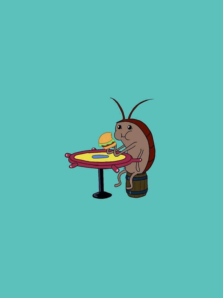 Krabby Patty 桌布 壁紙 — 一隻卡通蟑螂坐在桶上，在一張小圓桌上吃漢堡包，背景是純青色。