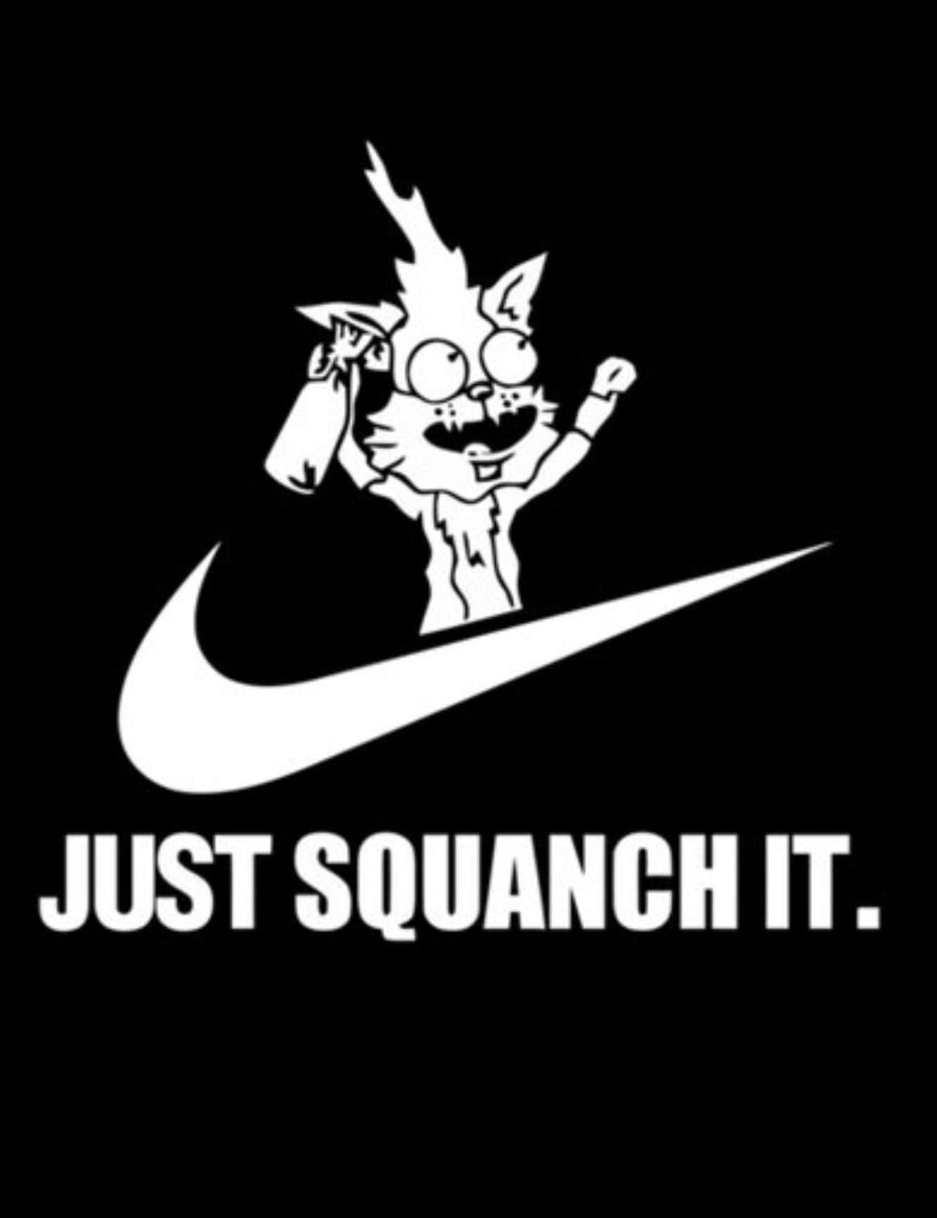Squanchy 桌布 壁紙 — 一隻卡通貓咪，有著狂野的頭髮和眼鏡，勝利地舉著噴漆罐，位於一個巨大的Nike勾號上方，並帶有文字just squanch it。