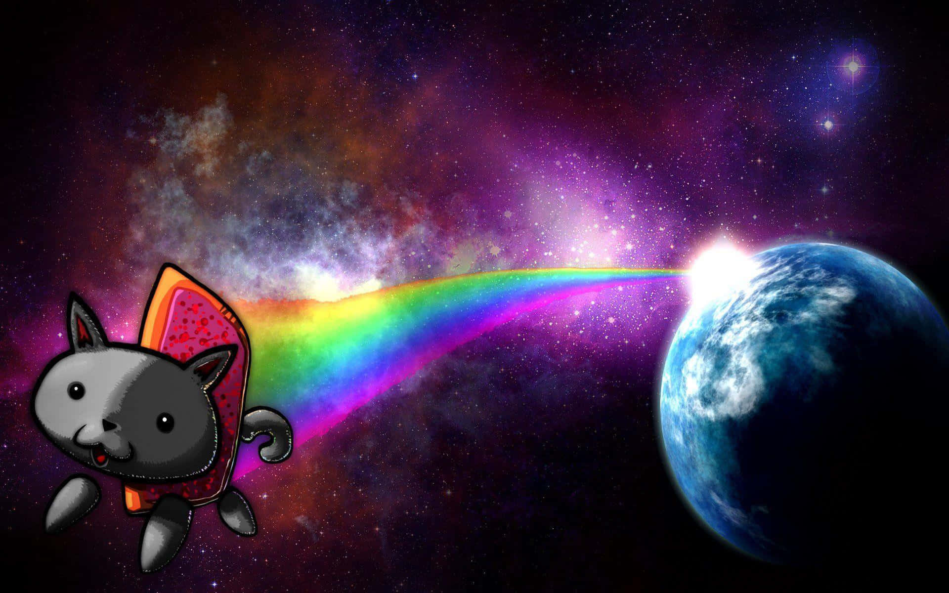 Nyan Cat 桌布 壁紙 — 一隻卡通貓咪揹著彩虹噴射背包，飛過色彩繽紛的星雲，朝向一顆發光的藍色星球。
