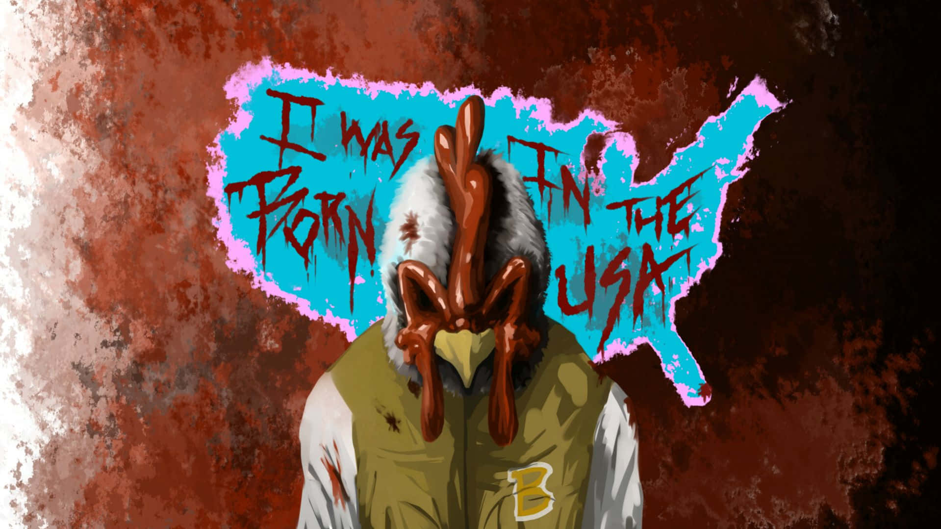Hotline Miami 桌布 壁紙 — 一隻卡通雞，頭部滴血，站在藍色美國地圖前，地圖上有紅色塗鴉文字 'I WAS BORN IN THE USA'。