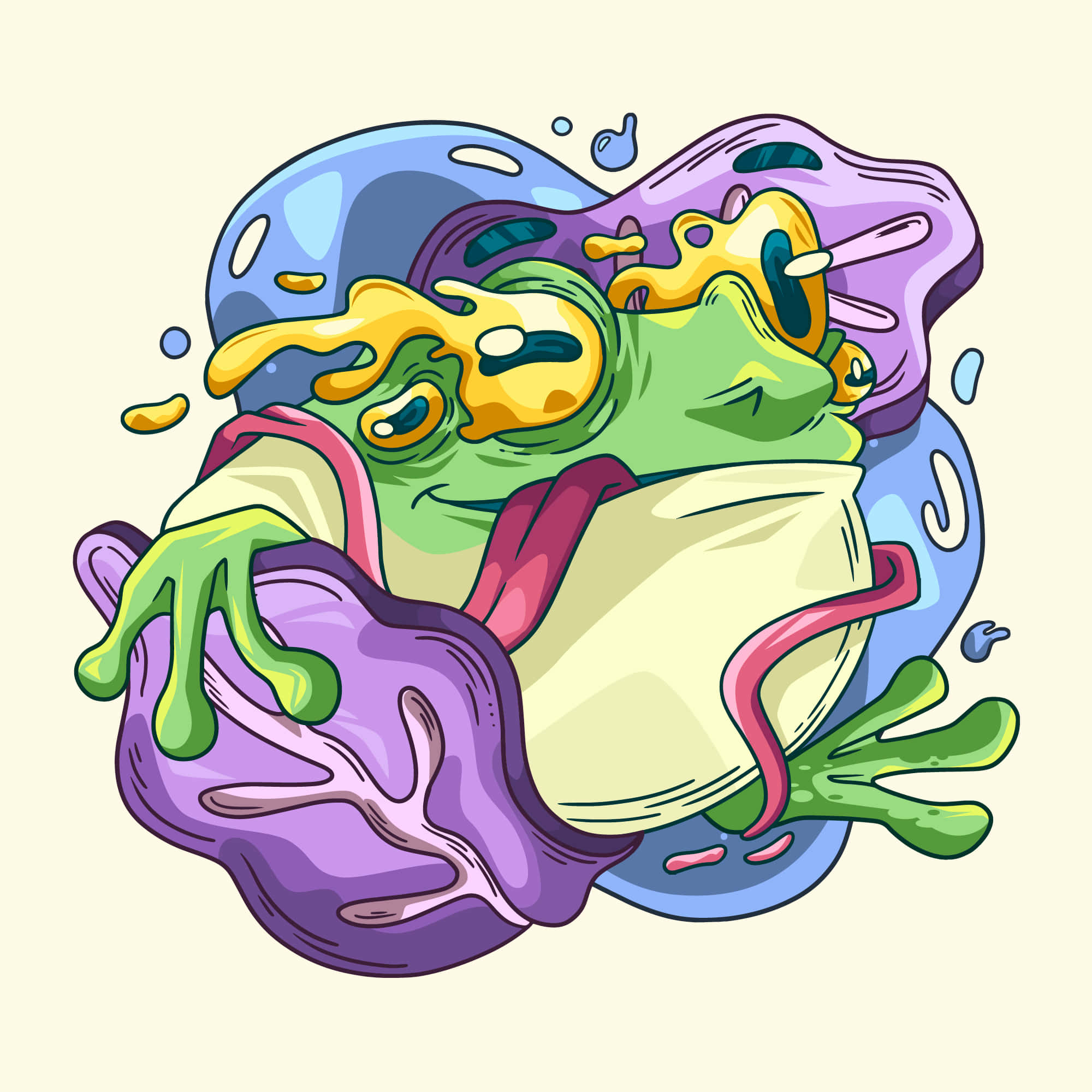 Psychedelic Animals 桌布 壁紙 — 一隻卡通青蛙，有著融化嘅黃色眼睛同滴落嘅四肢，被色彩繽紛嘅黏糊糊嘅團塊包圍住，背景係淡色。